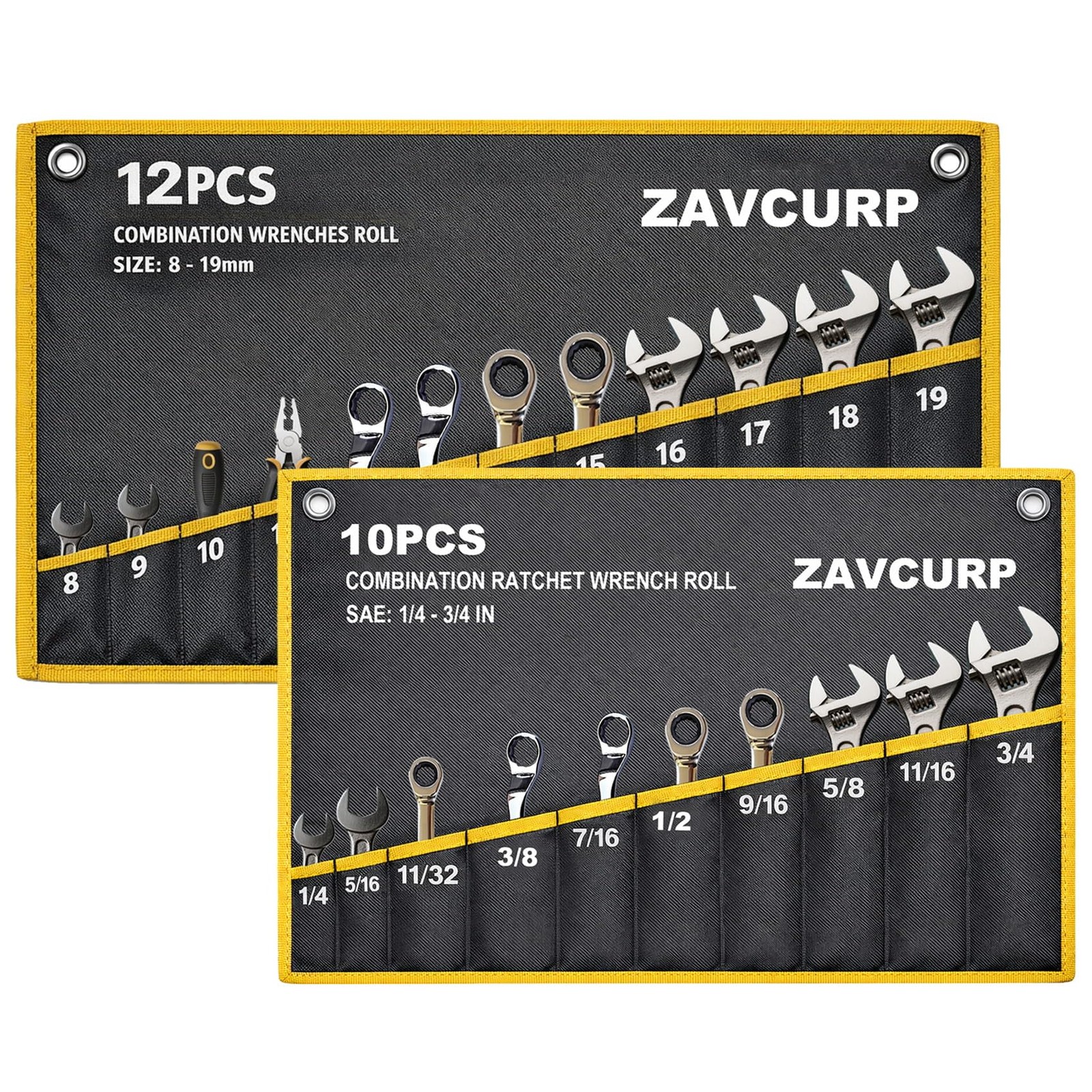 2PCS Wrench Roll 10 Pockets SAE+12 Metric, Black With Yellow Trim