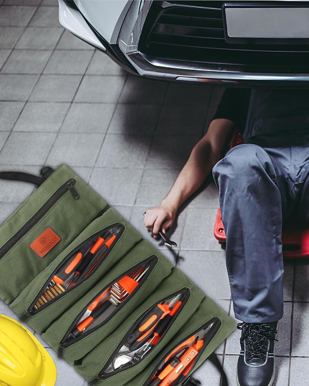 Functional Canvas Tool Roll Bag for Contractors with 5 Zippered Compartments