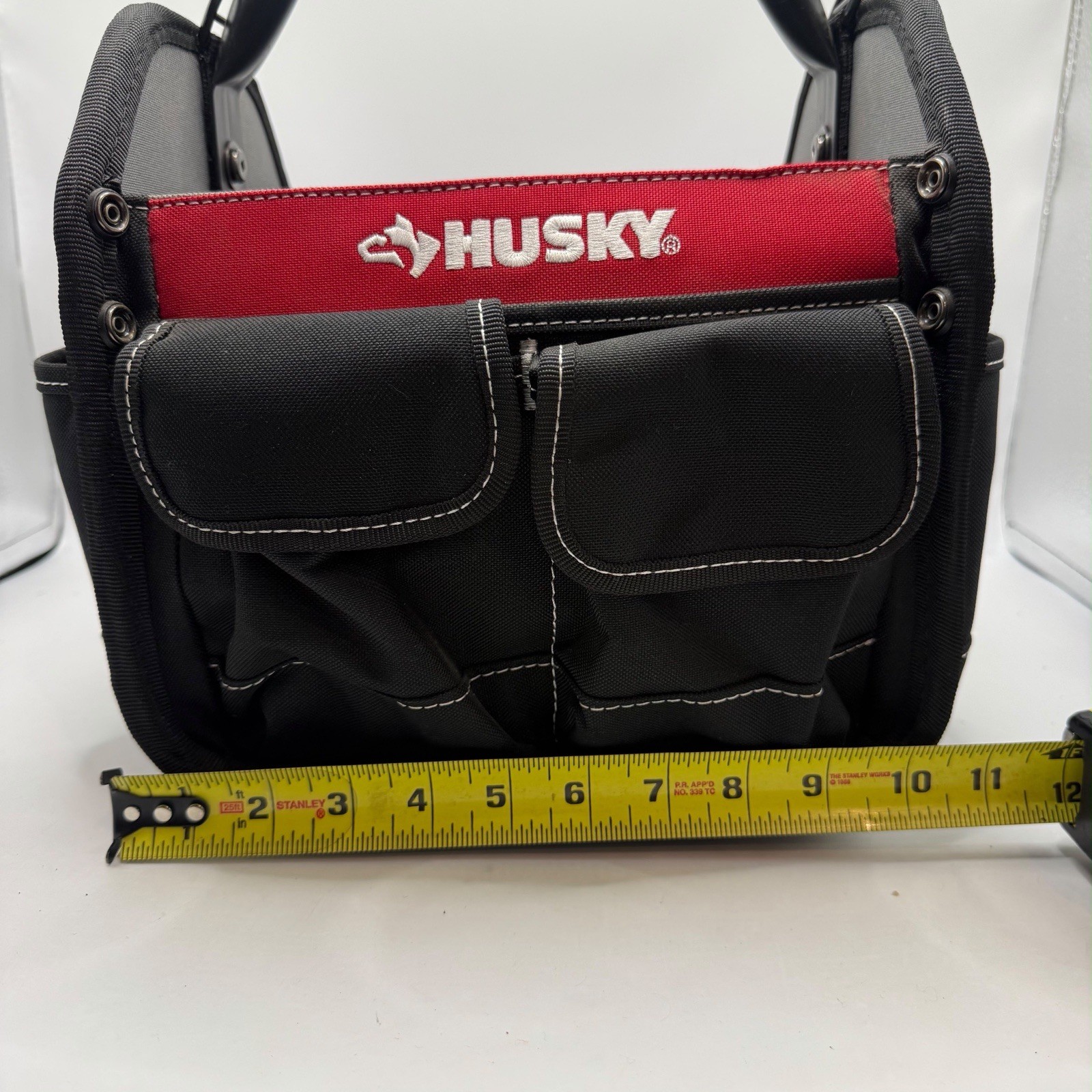 Husky 12” Tool Tote Bag Organizer Open Top Multi Pocket Heavy Duty Black Red