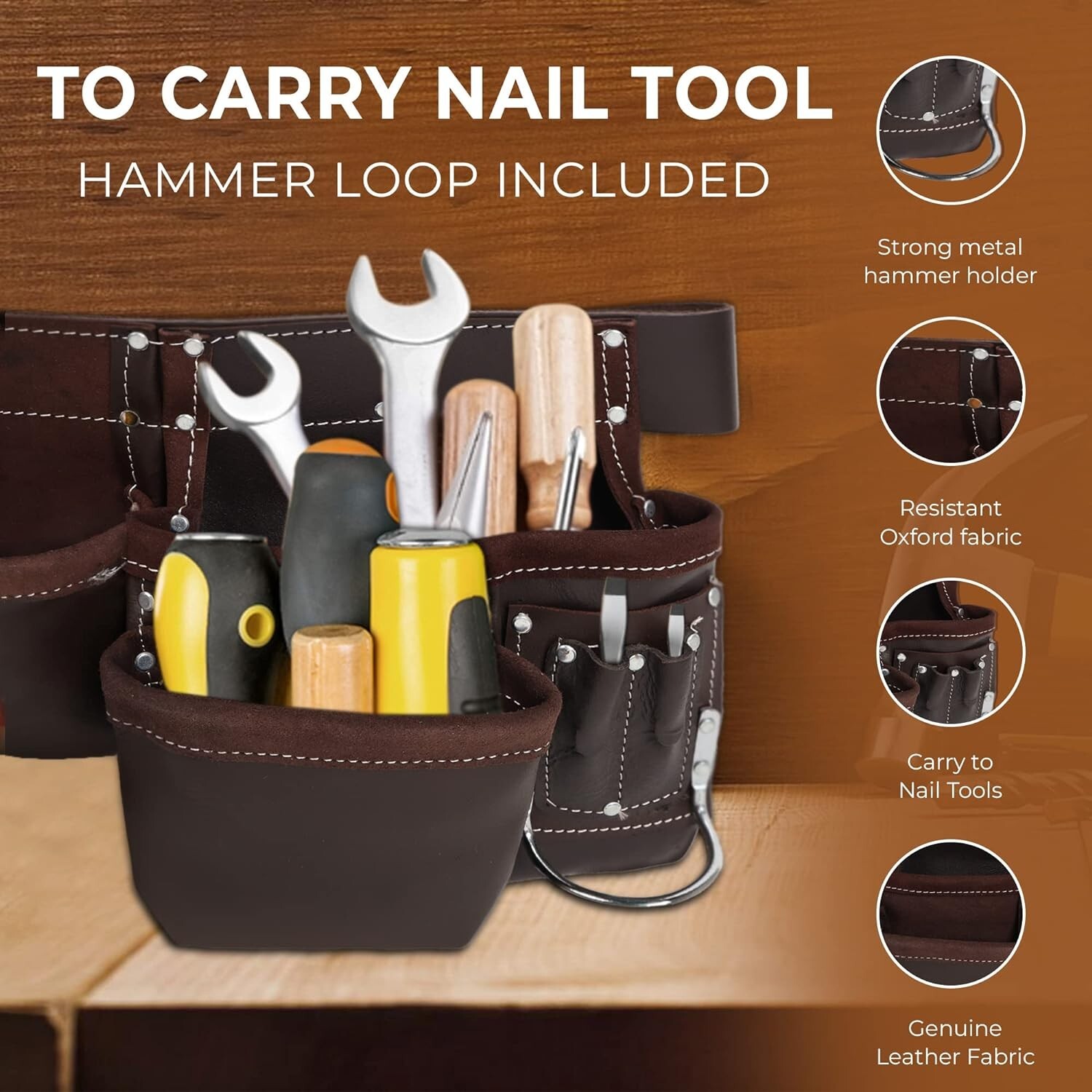 Leather Tool Belt 12-Pocket for Construction & Electrical Work Oil-Tanned