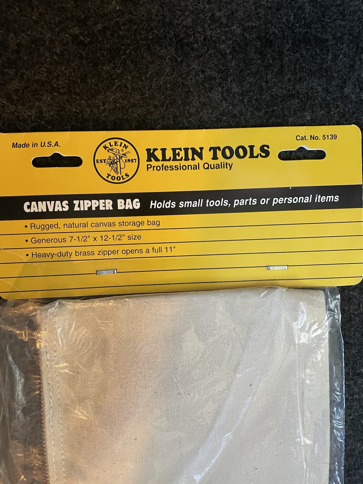 Vintage Klein Tools Canvas Zipper Bag 7.5″ X 12.5″ No 5139 From 1996