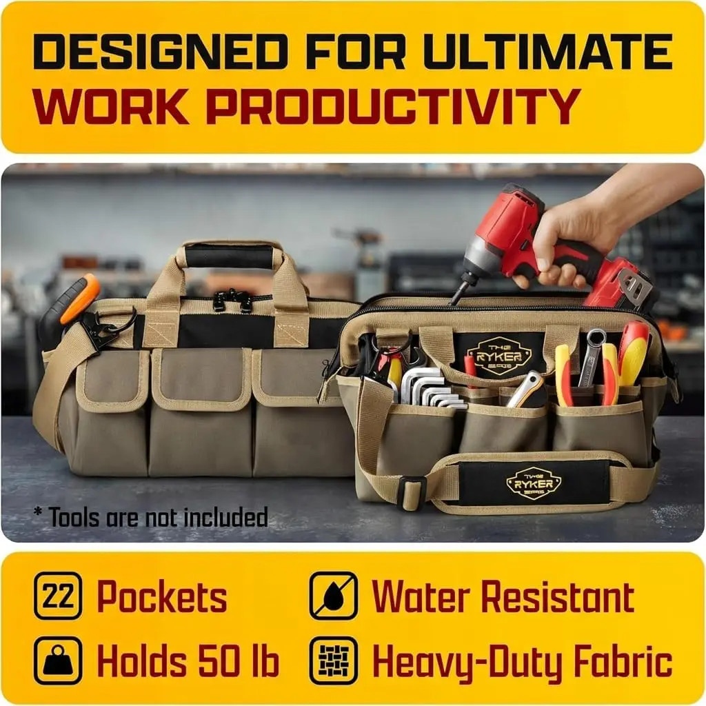 14″ Heavy Duty Tool Bag Wide Mouth Organizer w/ 22 Pockets Shoulder Strap