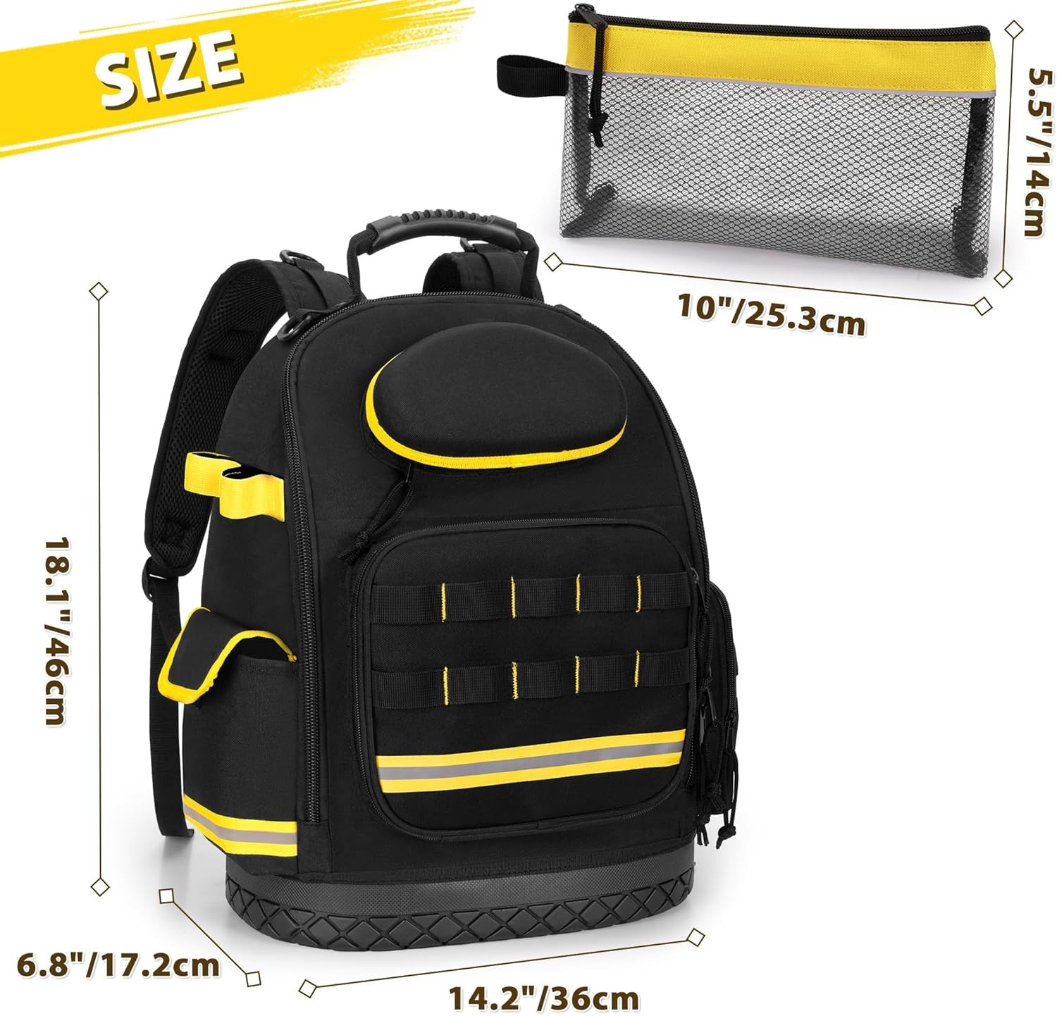 Tool Backpack with Hard Bottom and 3 Pouches, Heavy Duty Tool Organizer