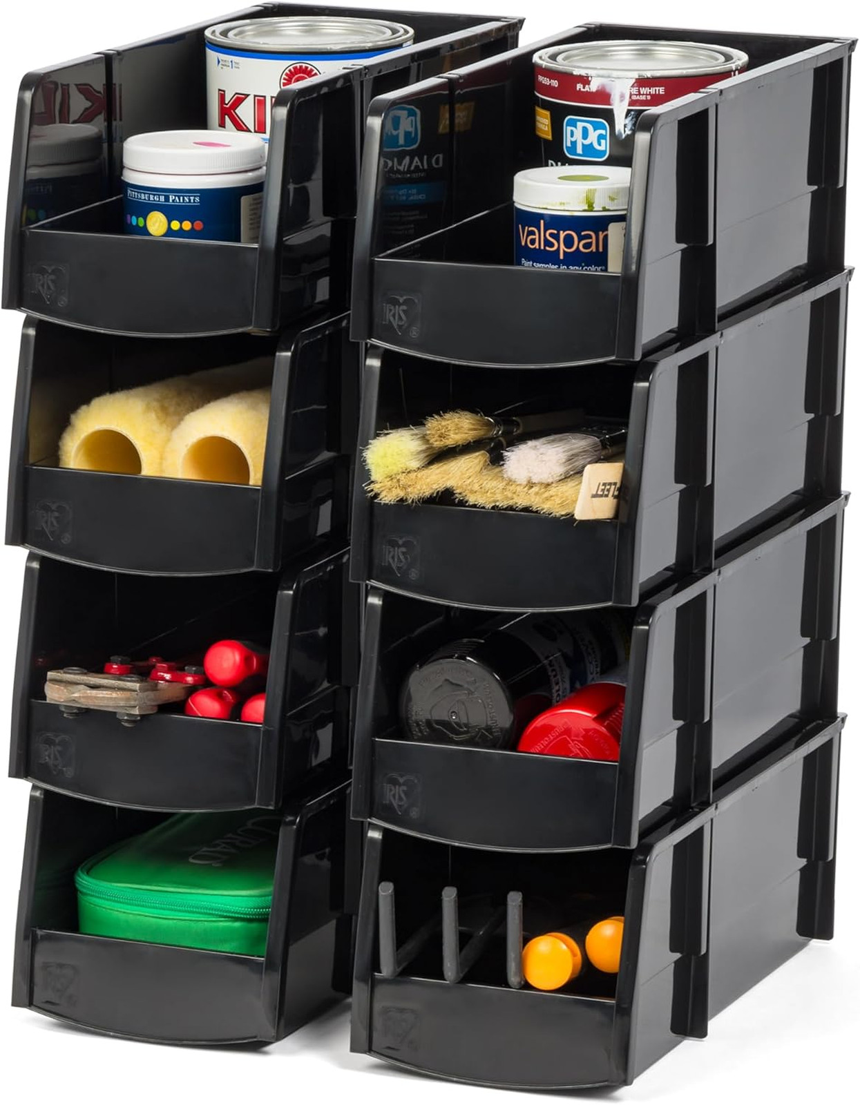 Large Stackable Storage Bins 8 Pack Made in USA Plastic Open Front Shelf