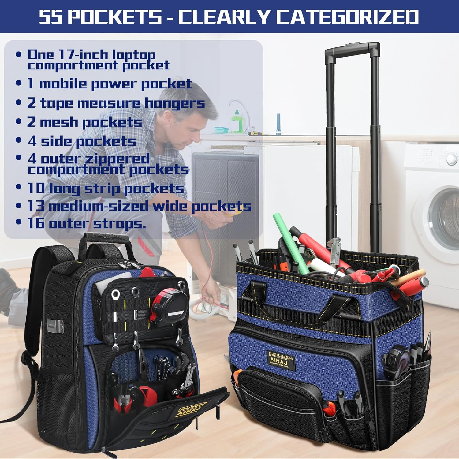 21″ Rolling Tool Bag with Wheels & 18″ Tool Backpack Set | Adjustable Telescopin