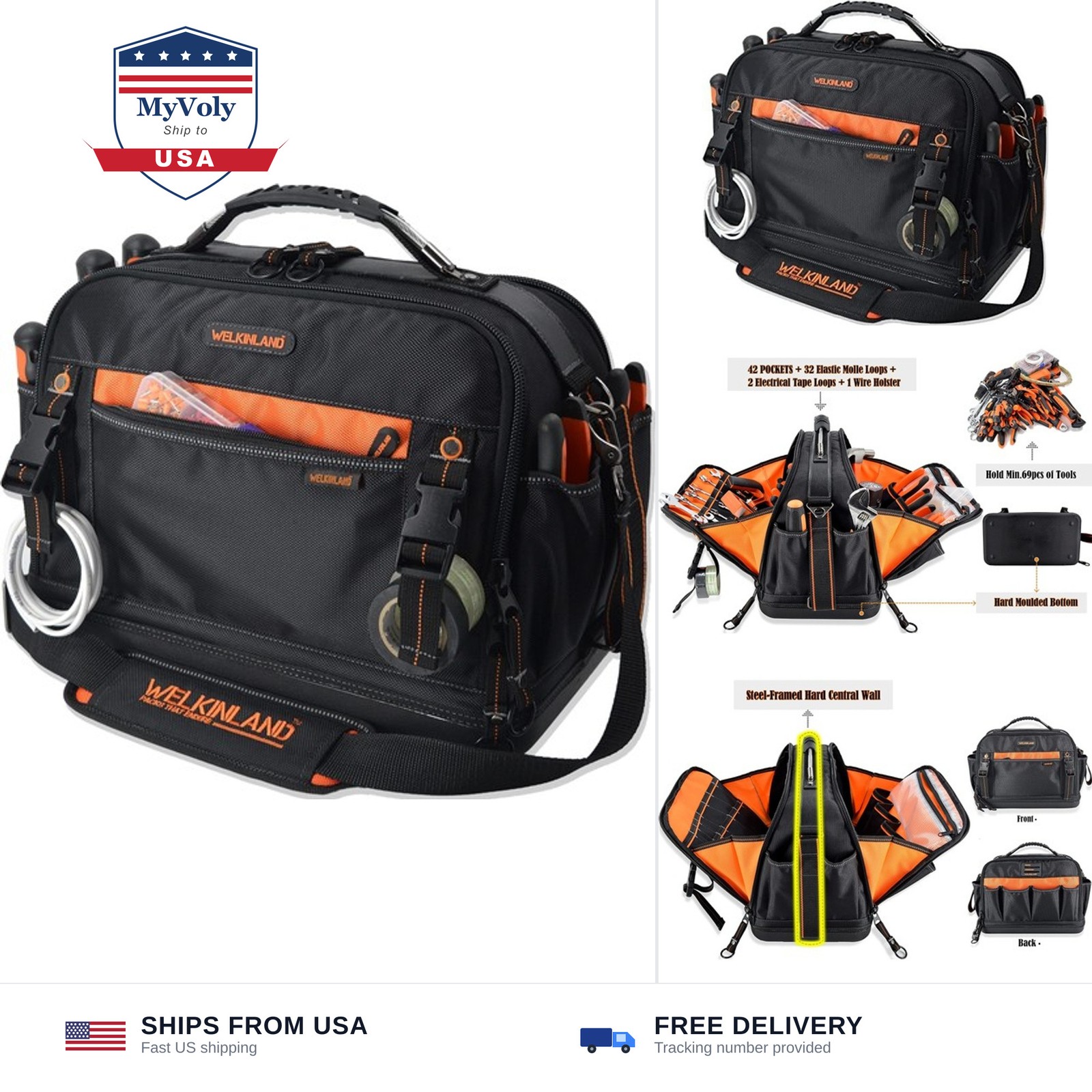 WELKINLAND 42-Pocket Tool Organizer, 16- Inch Hard Bottom Tool Bag | Heavy-Du…