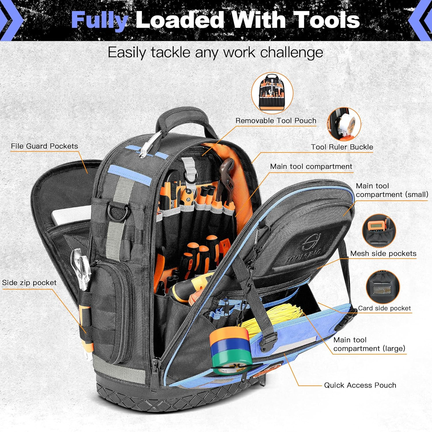 Ultimate Heavy Duty Tool Backpack – 78 Pockets for Electricians, Blue