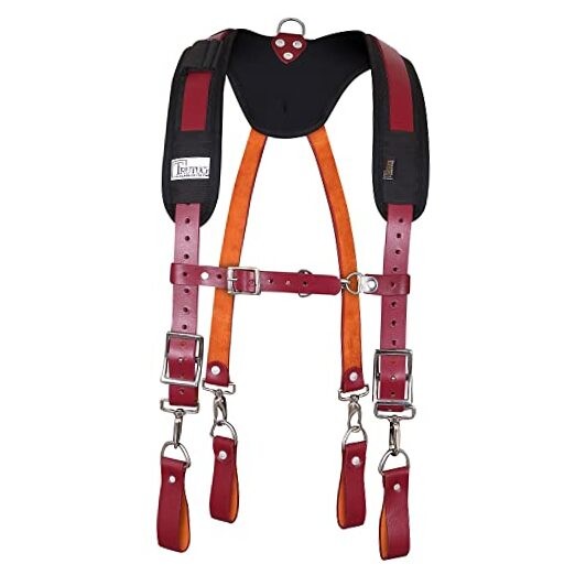 Leather Work Suspenders With Pockets | Fully-Adjustable Padded Leather Maroon