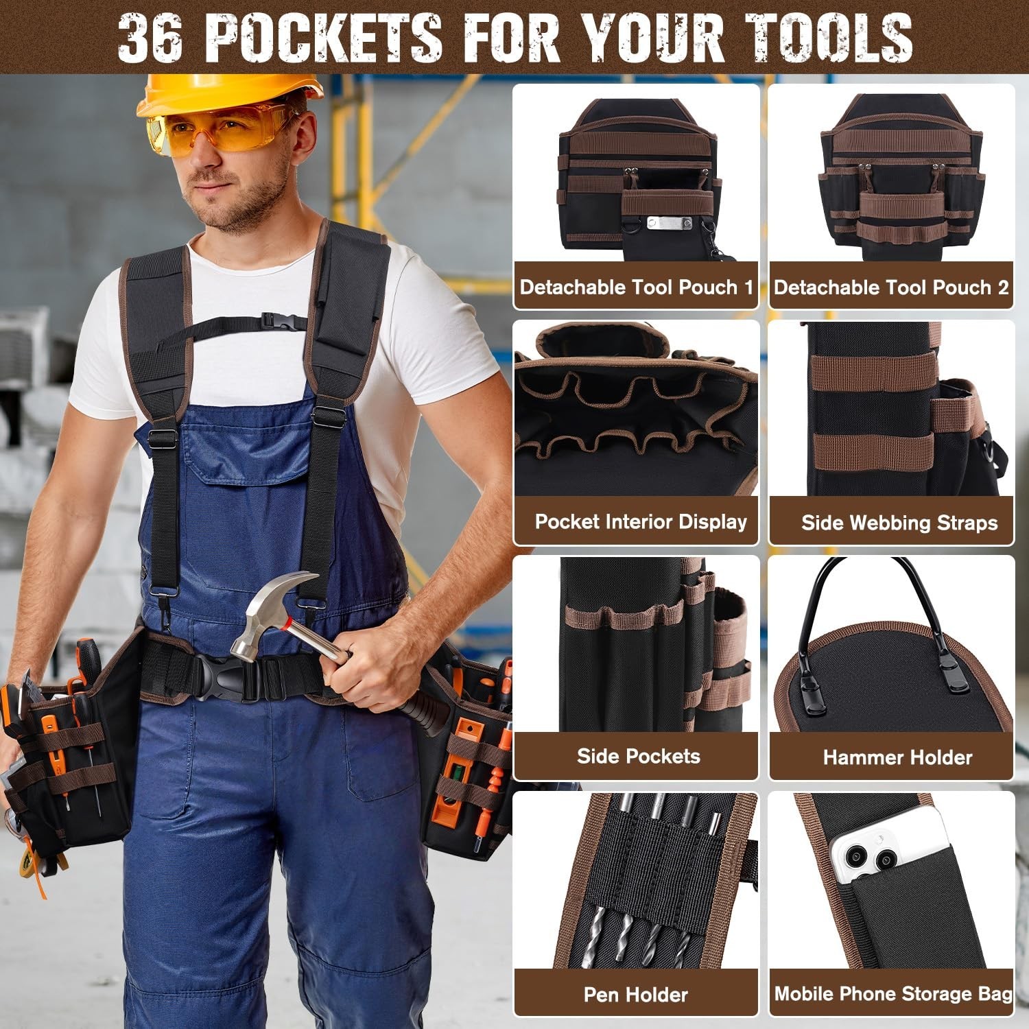 DFMINZU Electrician Tool Pouch, 10 Pockets Tool Belt Pouches Hammer Holder