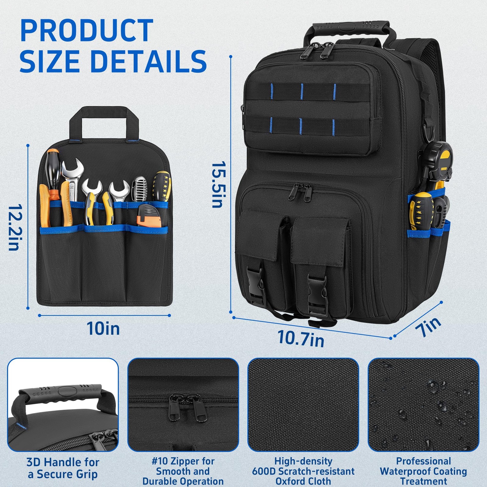 LASUK Backpack Tool Bag with Movable Base Plate, 11x9x16 inches, Black&Blue