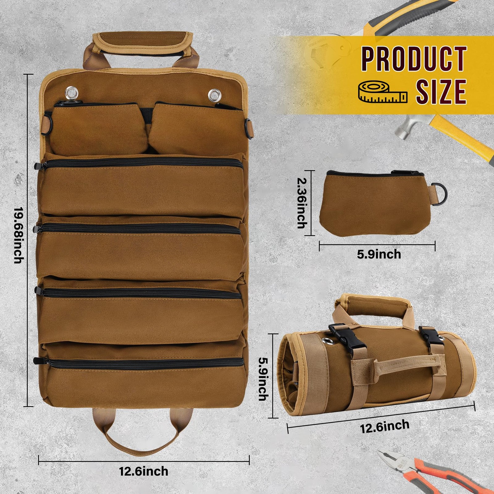 Tool Bag Heavy Duty Organizer Portable Roll Up Car Mechanic Electrician Khaki