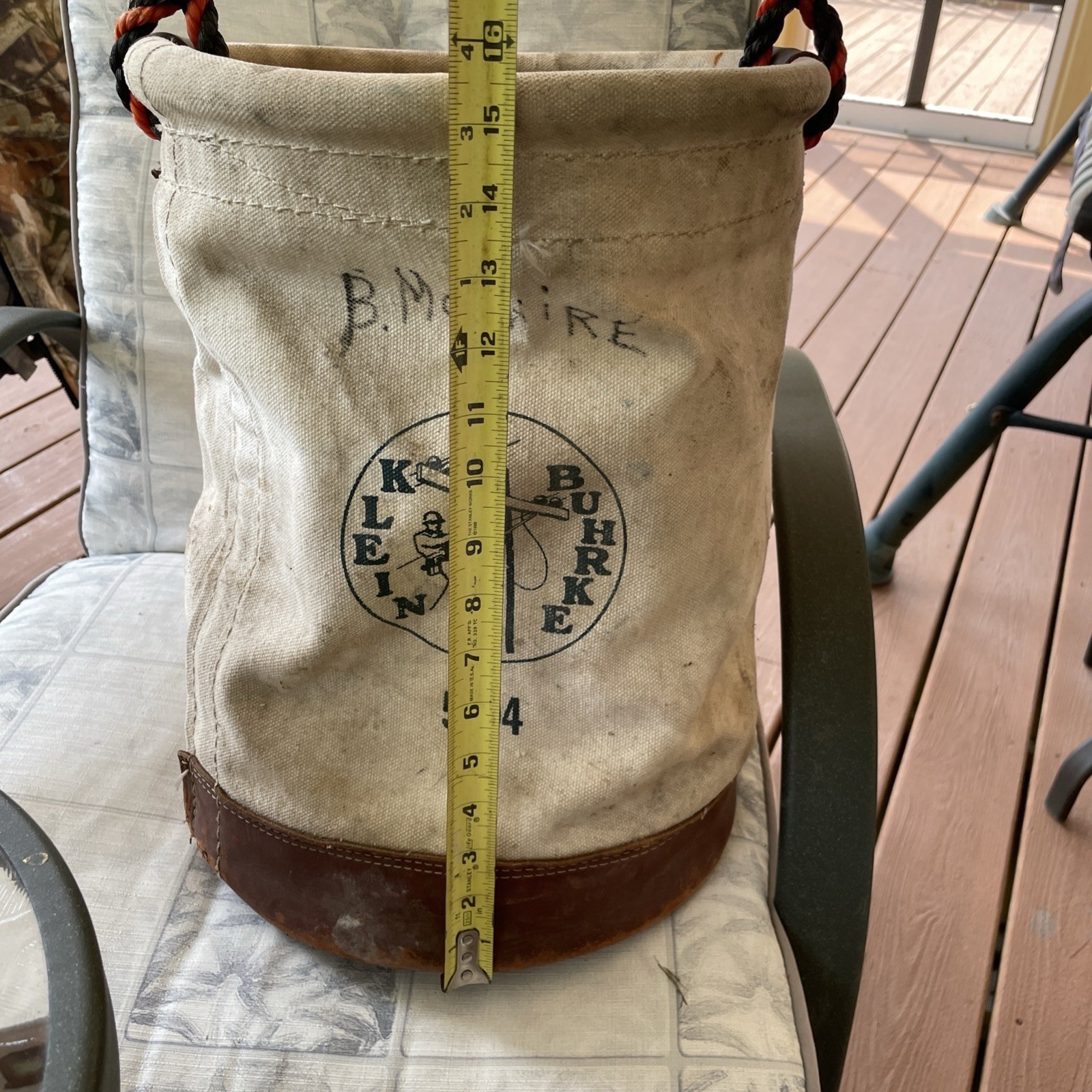 Vintage Klein Tools 5104 Canvas Leather Bucket 15” Lineman Tool Bag Rope Handle