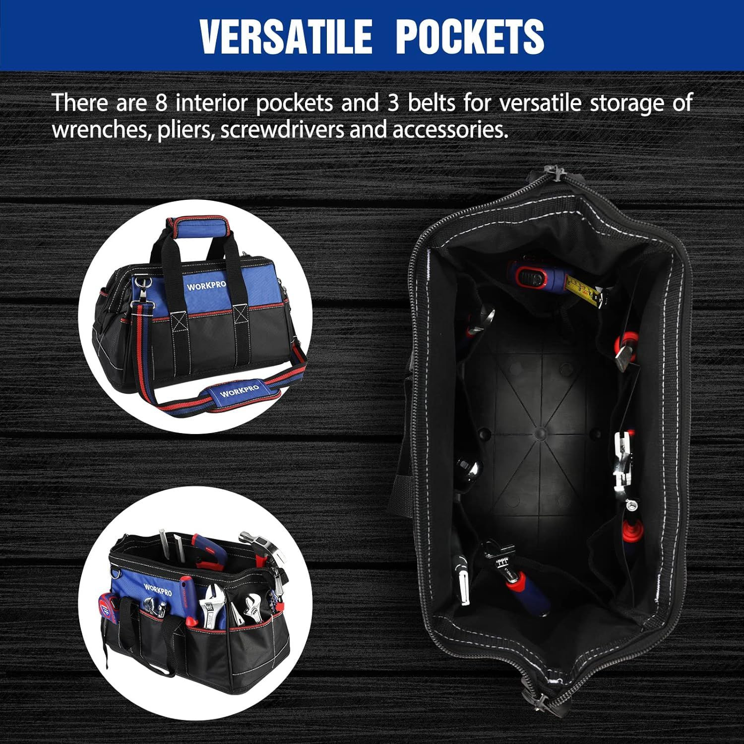 WORKPRO 16-inch Wide Mouth Tool Bag, Heavy Duty Cloth Black, Blue, Red