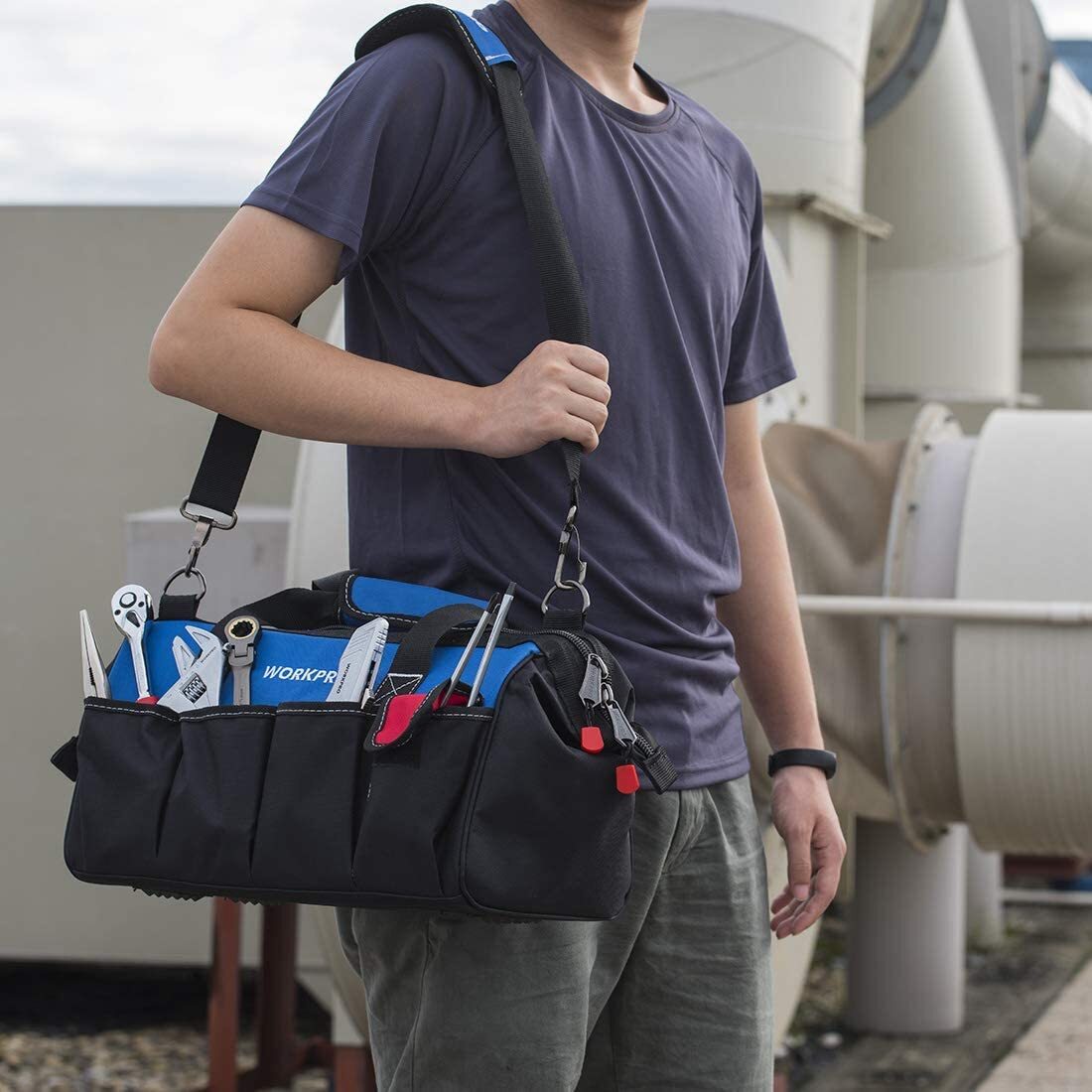 WORKPRO 18″ Storage Tool Bag Sturdy Bottom Close Top Wide Mouth w/Shoulder Strap