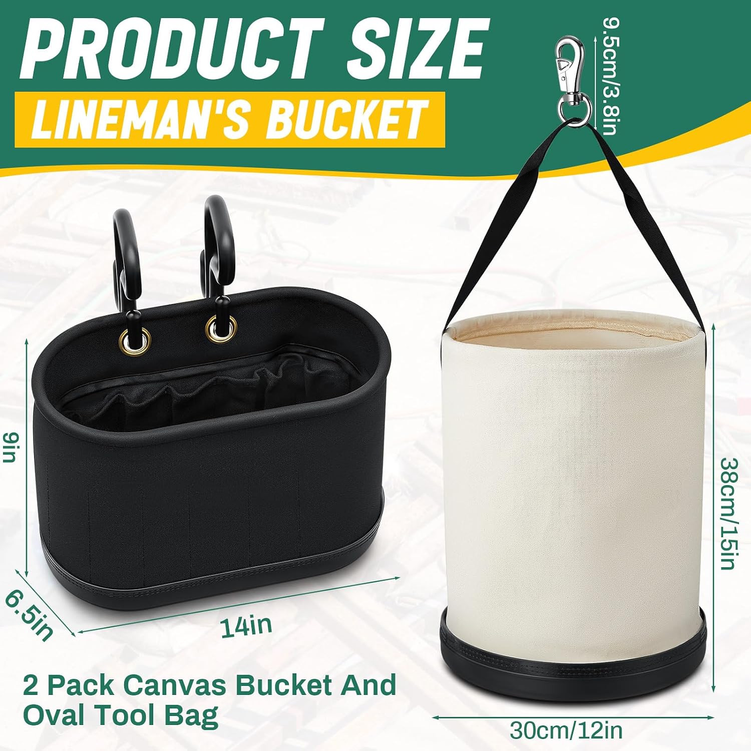 2 Pack Canvas Bucket & Oval Tool Bag, Bucket Tool Organizers with Reinforced Bot