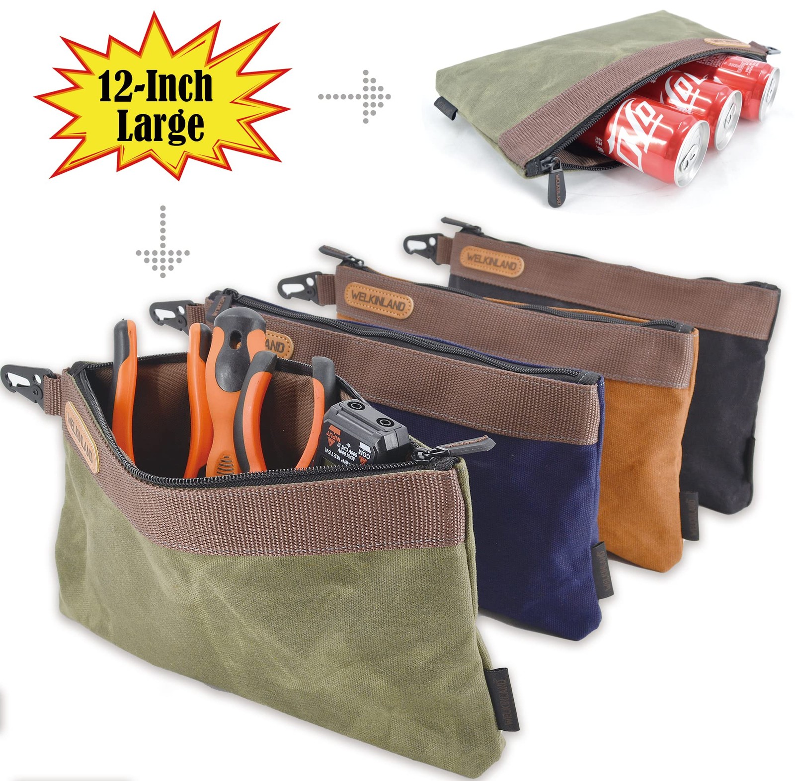 WELKINLAND Heavy-Duty Canvas Tool pouch, 4PCS Tool pouches, 12 Tool pouch, Waxed