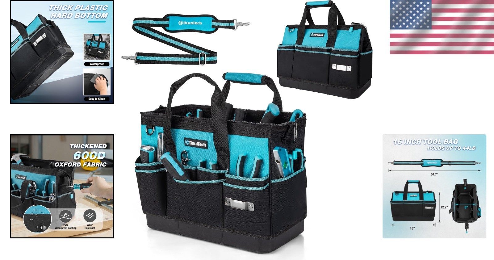 16-Inch Waterproof Tool Bag with Hard Bottom & 18 Pockets – Heavy Duty Organizer