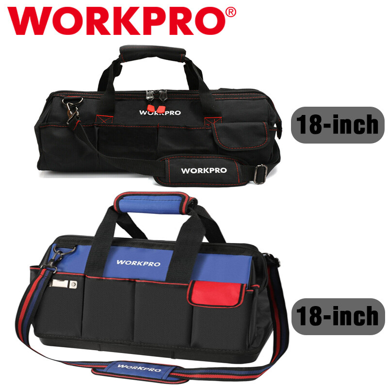 WORKPRO 18″ Tool Bag Zipper Top Tool Organizer Case Wide Mouth Open Black/Blue