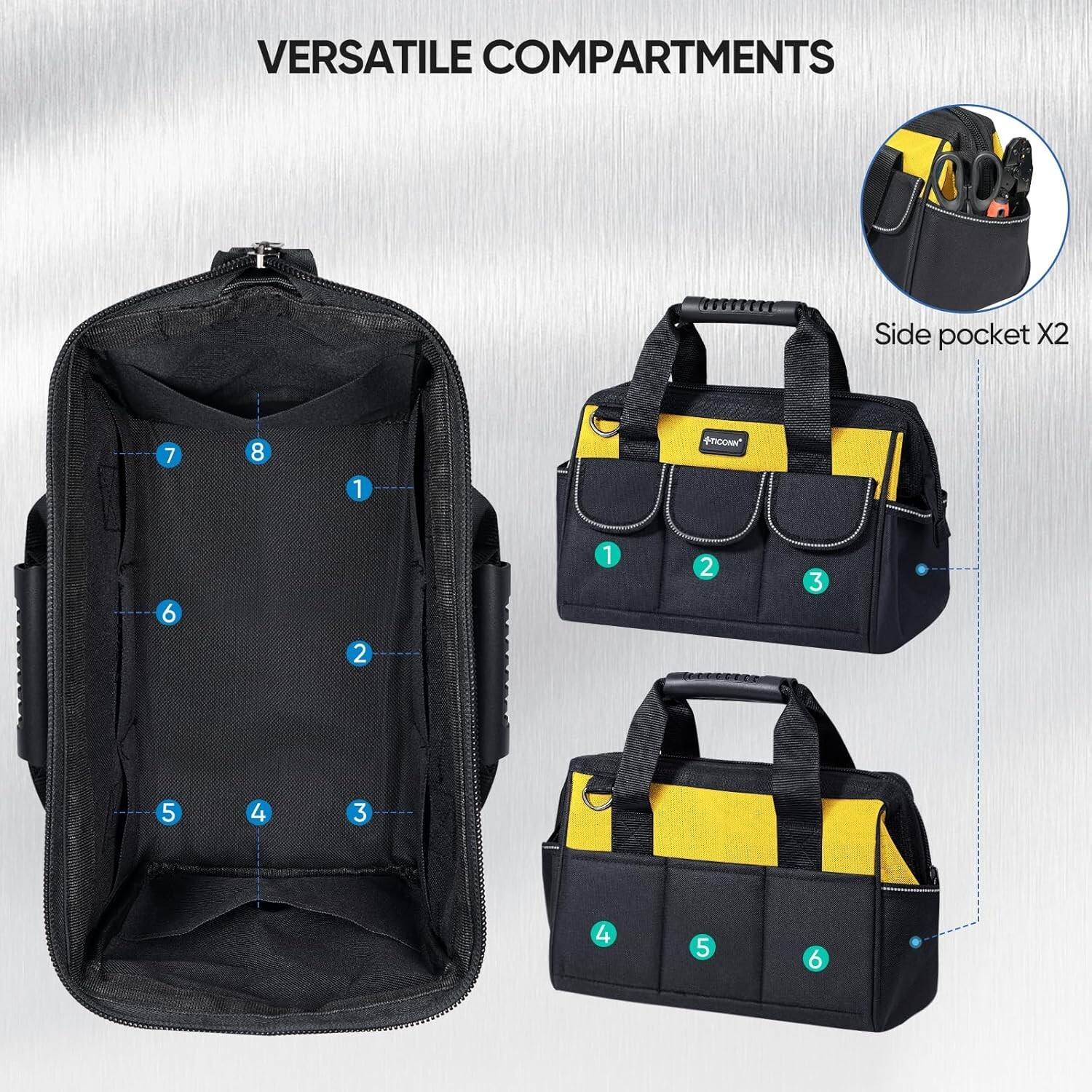 TICONN 12in Tool Bag with Waterproof Soft Bottom Multi-Pockets Wide Mouth Too…