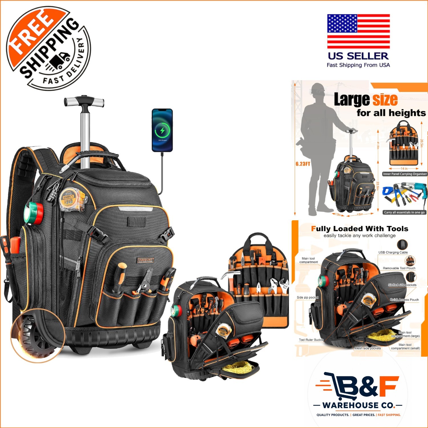 Tool Backpack with Smooth Swivel Wheels and Adjustable Trolley Handle