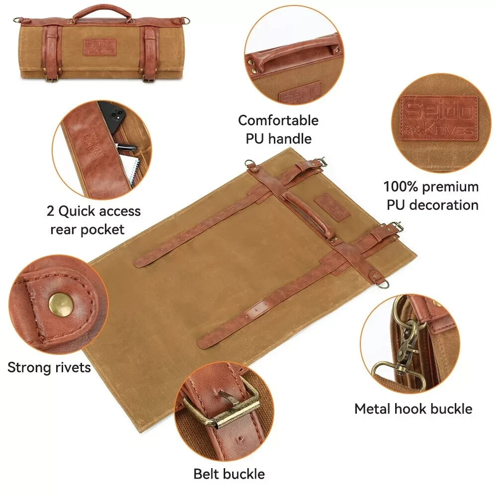 Seido Knives Classic Knife Roll Bag, Heavy Duty Canvas & Leather 18 Knives