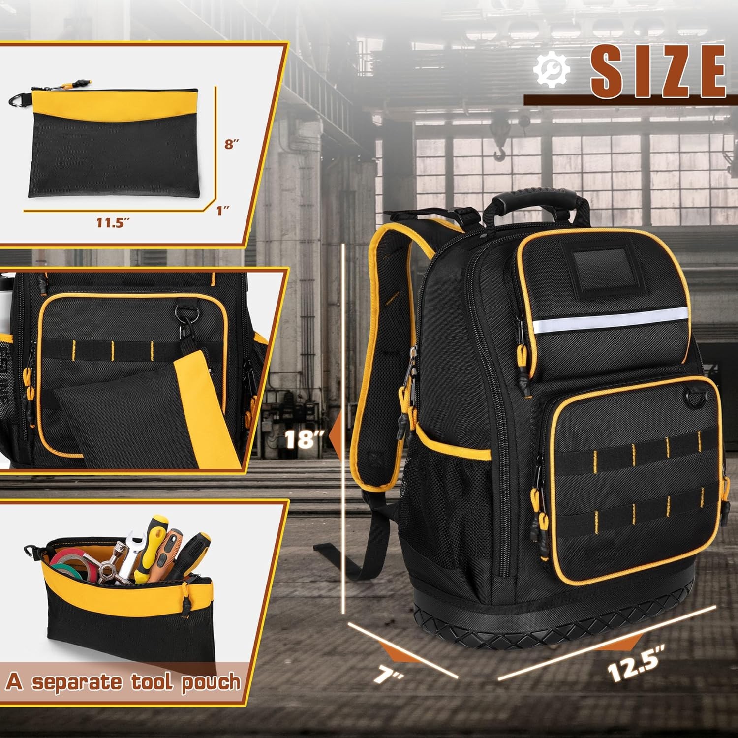 Tool Backpack with Hard Bottom and a Tool Pouch, Heavy Duty Tool Bag with Multip