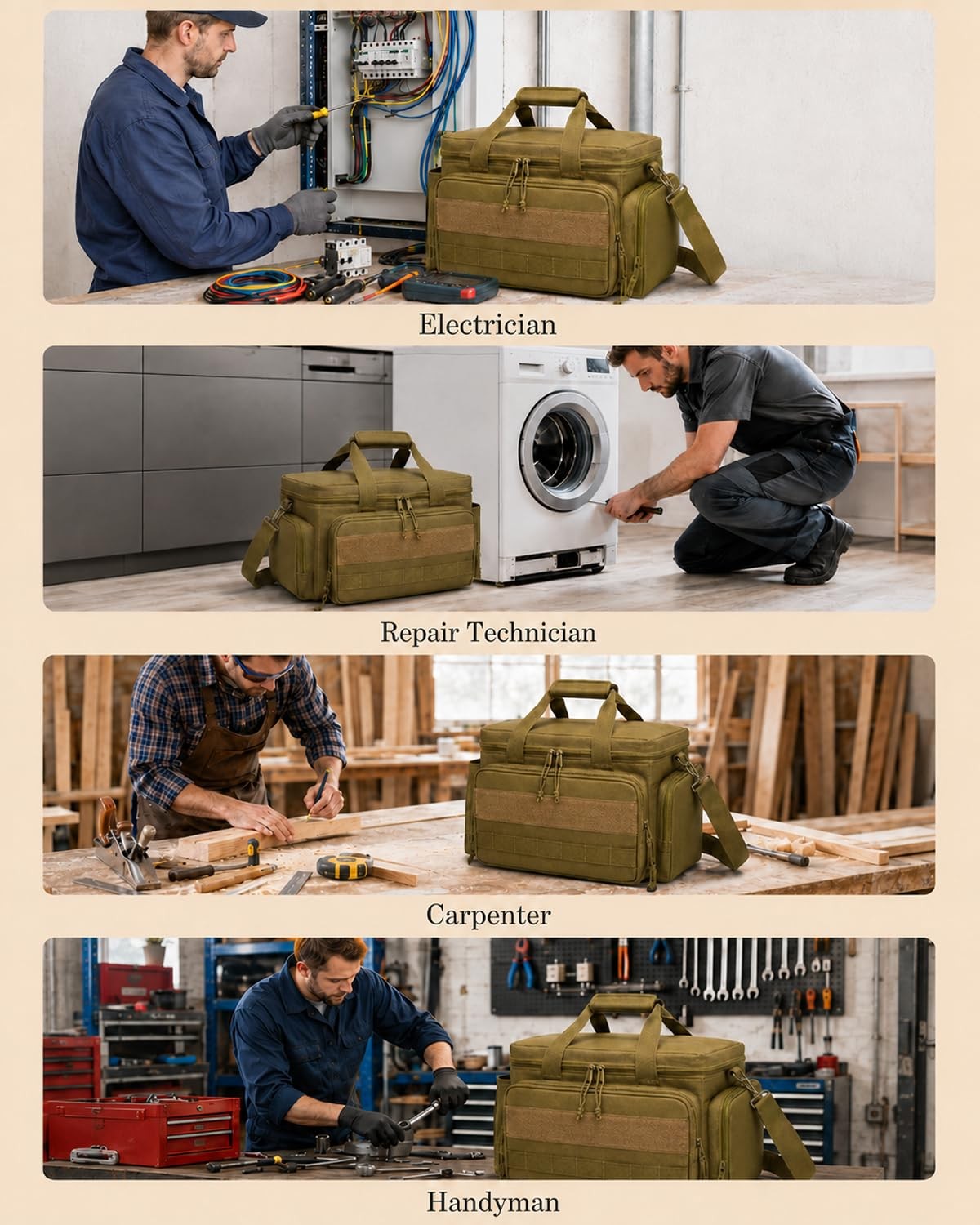 15-Inch Tool Bag Multi-purpose Tool Organizer Bag with 3 Tool Pouches and Adj…