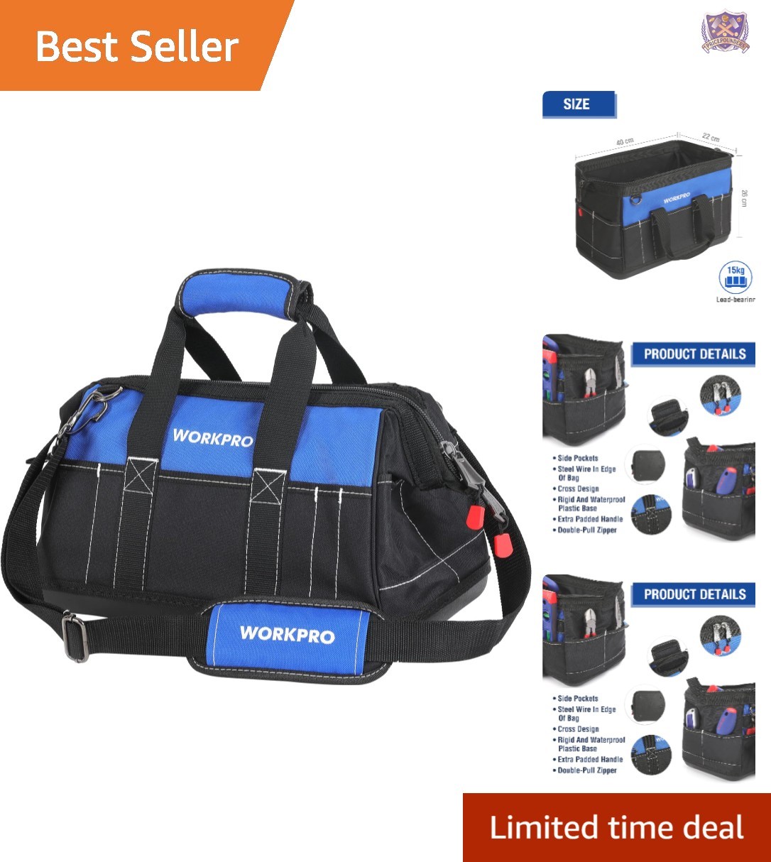 16-inch Wide Mouth Waterproof Tool Bag with Molded Base for Organizing Tools