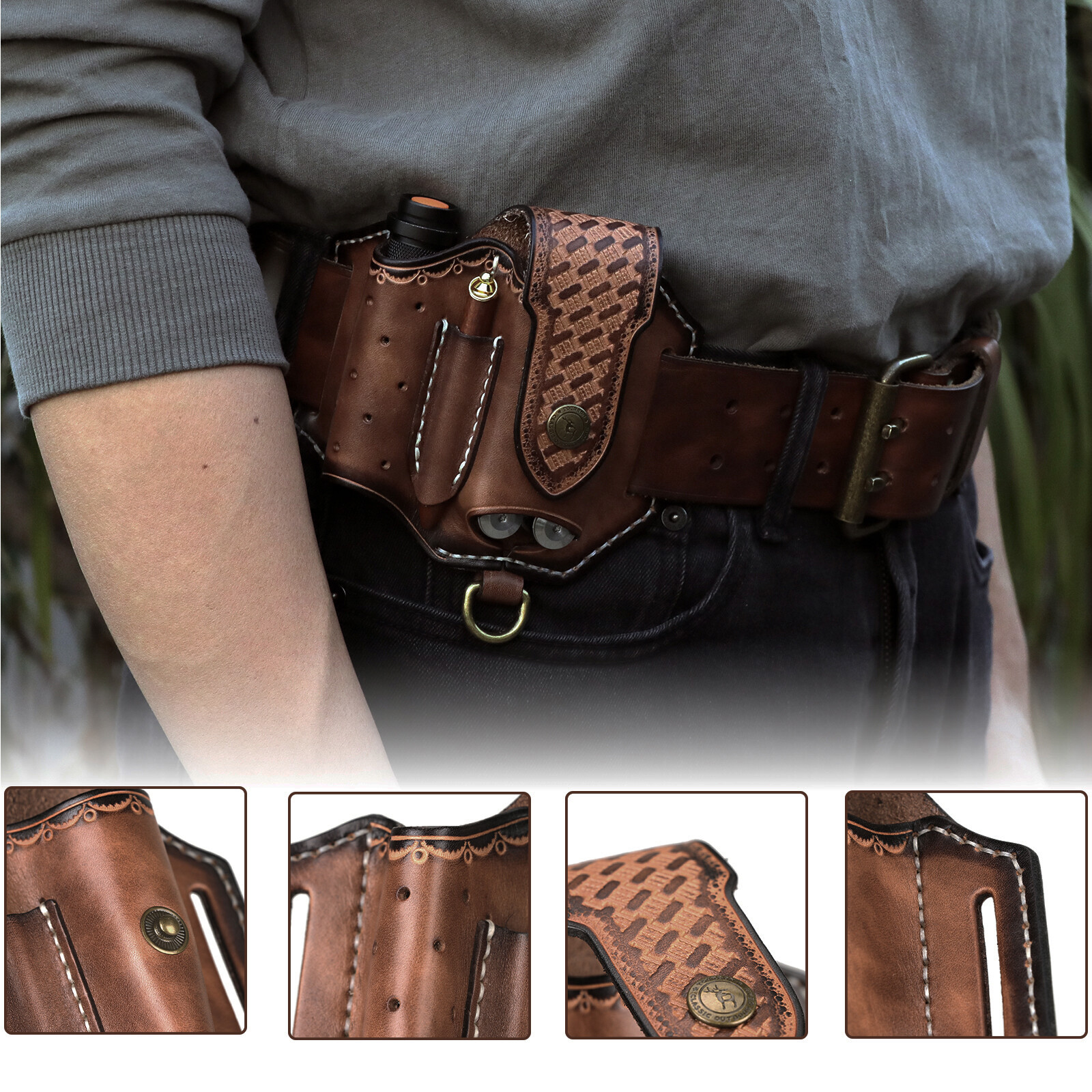 TOURBON Leather 4 in 1 Knife Sheath EDC Pliers Belt Holder Pouch Tool Carry Case
