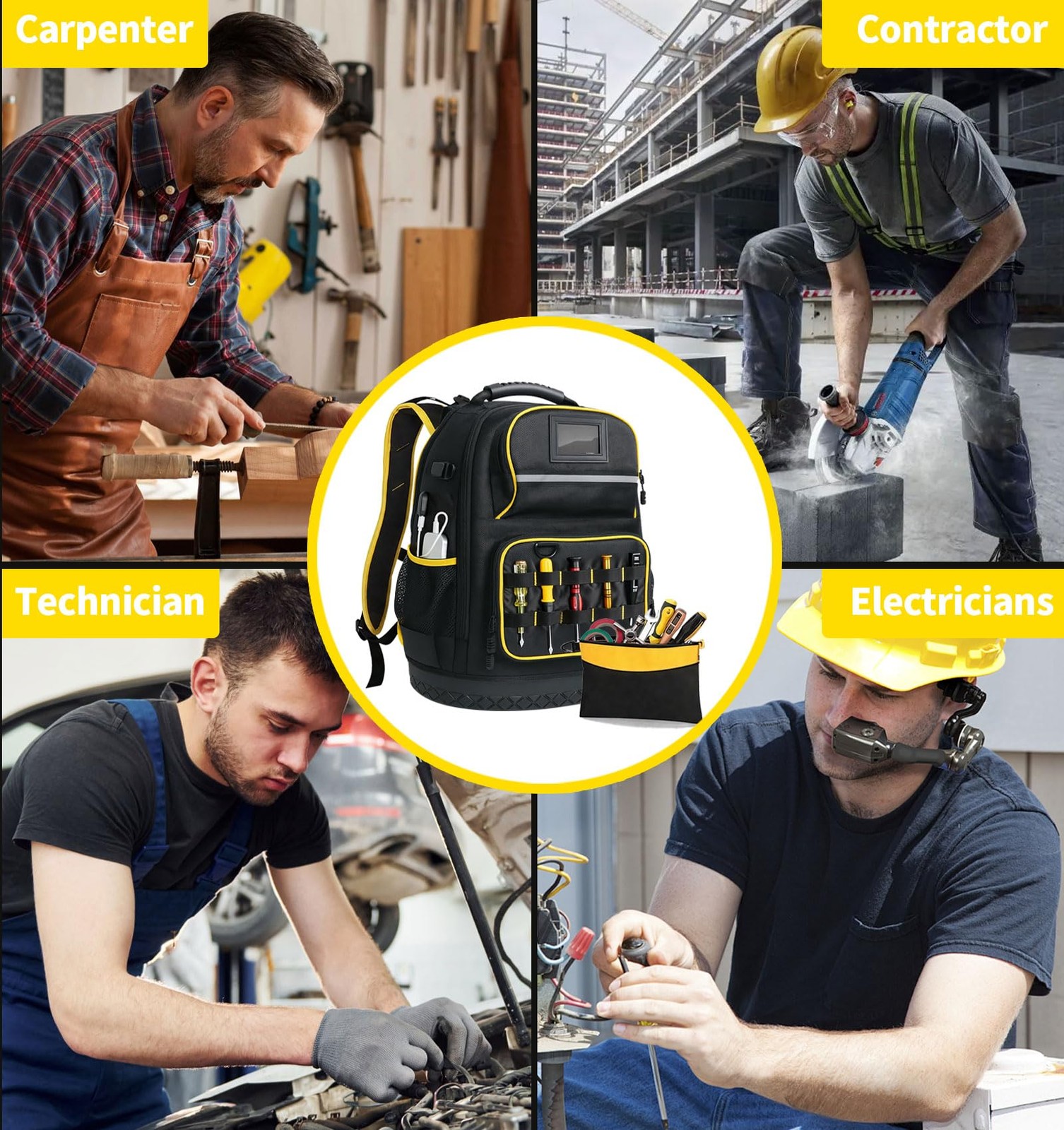 Tool Backpack, Heavy-Duty Organizer Bag for Men Large, Black & Orange