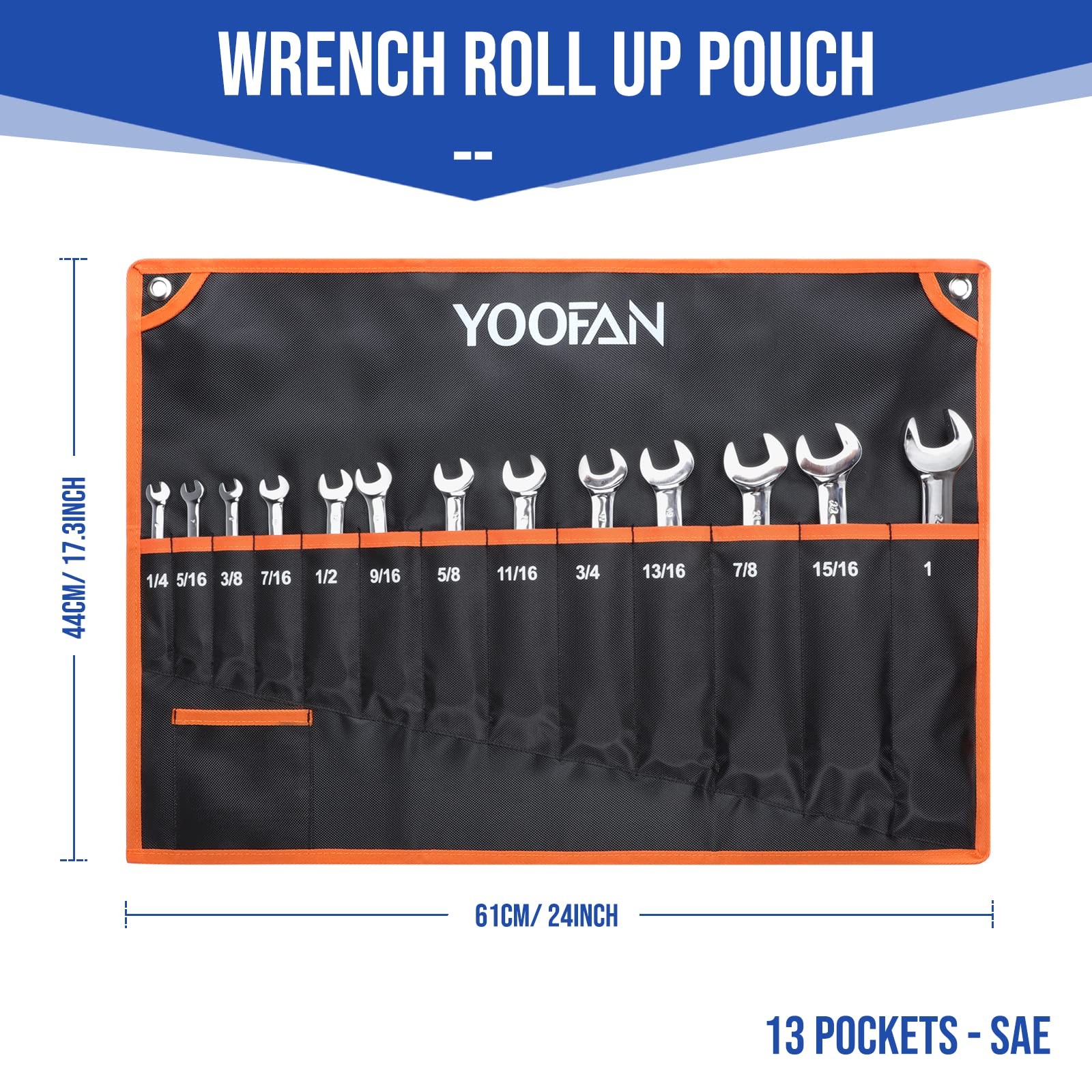 YOOFAN Wrench Roll Up Pouch – Organizer with 13 Pockets SAE, Orange