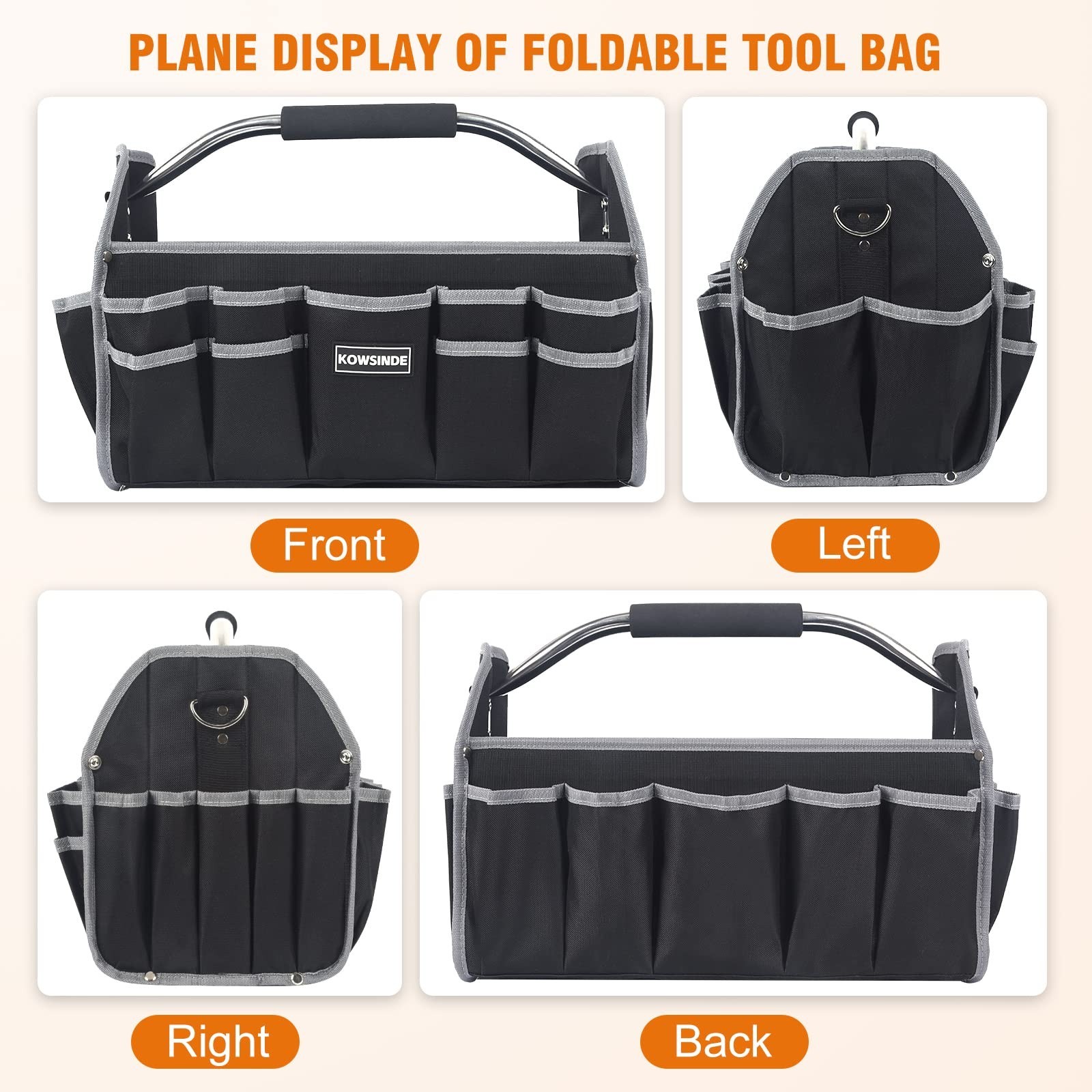 16″ Electrician Tool Bag – Open Top, 26 Pockets, Steel Handle, Removable Strap
