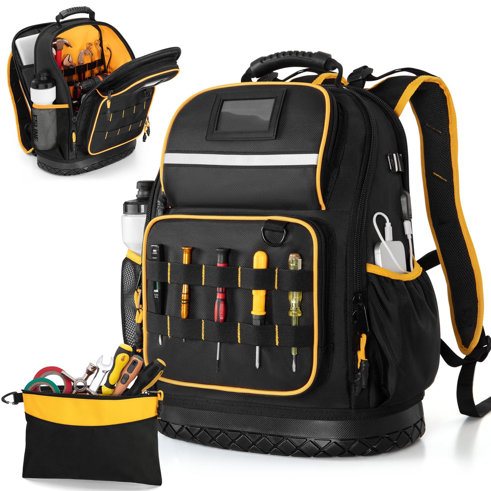 Tool Backpack with Hard Bottom and a Tool Pouch, Heavy Duty Tool Bag with Mul…