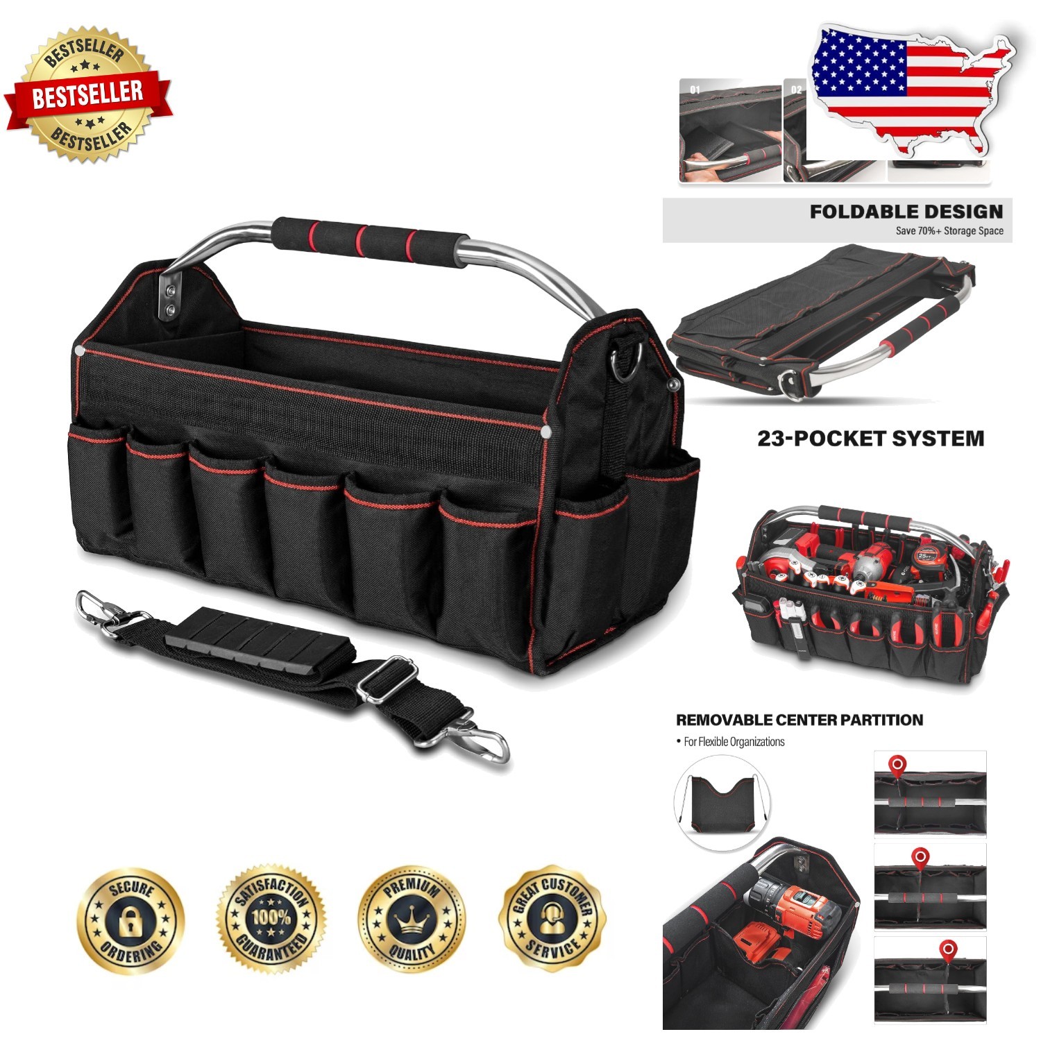 18″ Open Top Tool Bag: Foldable, 23 Pockets, Padded Handle, Built Tough