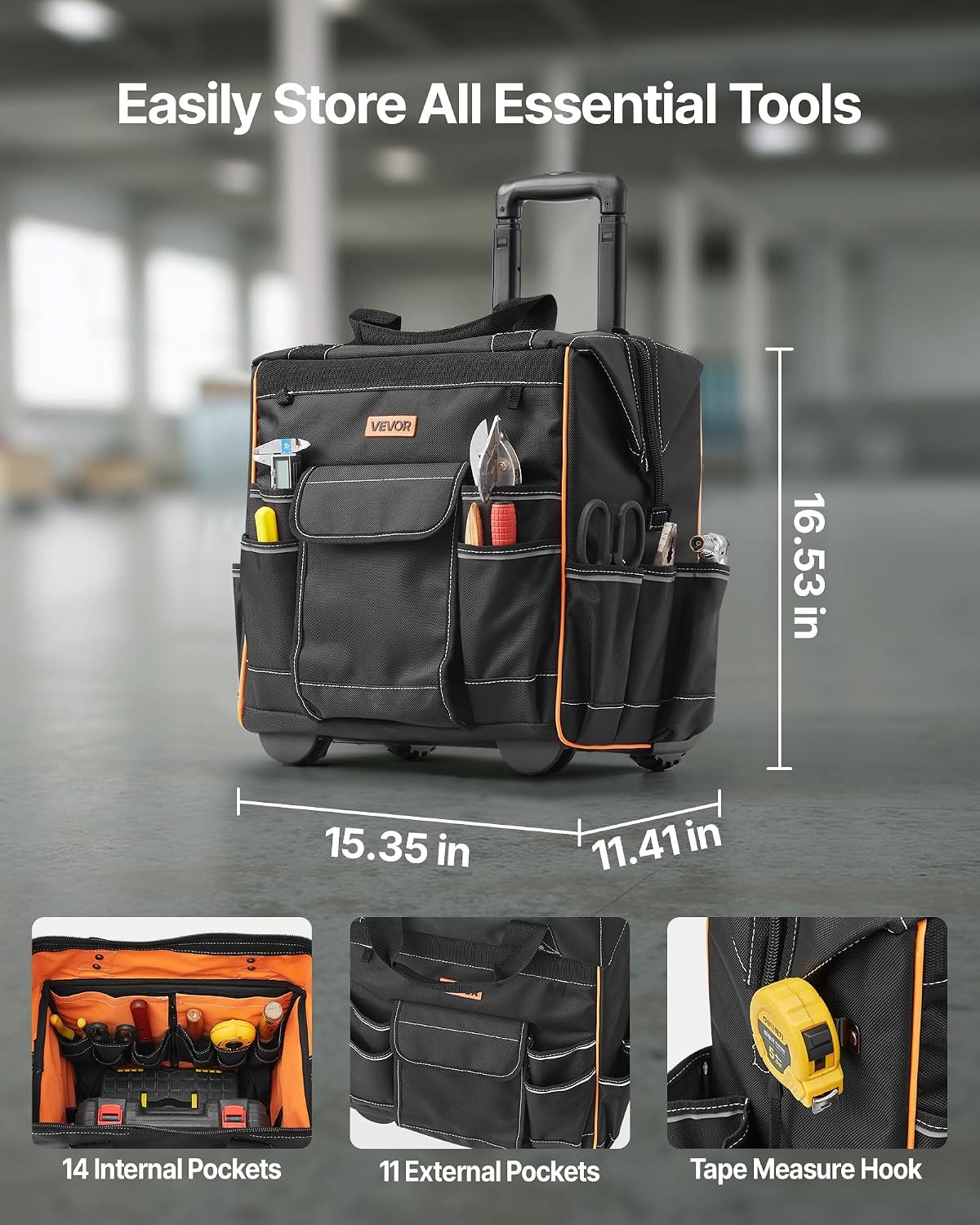 Rolling Tool Bag VEVOR 15″ 110LBS 25 Pockets Wheels