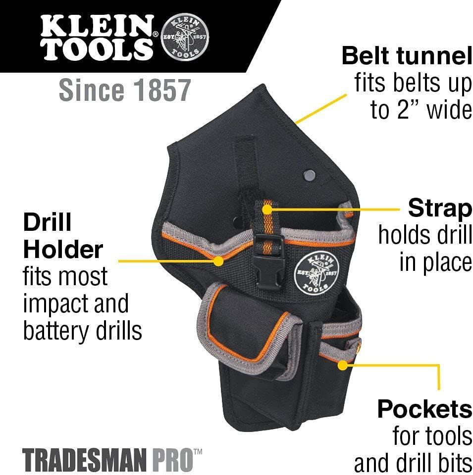 Klein Tools 5183 Tool Bag, Tradesman Pro Drill Pouch Black, Gray, Orange Trim