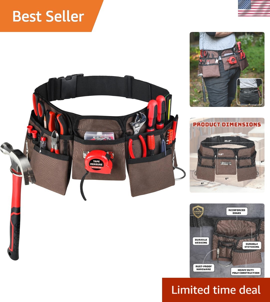 Adjustable Work Belt with 19 Pockets – Durable 1,000D Polyester, 33-50” Size