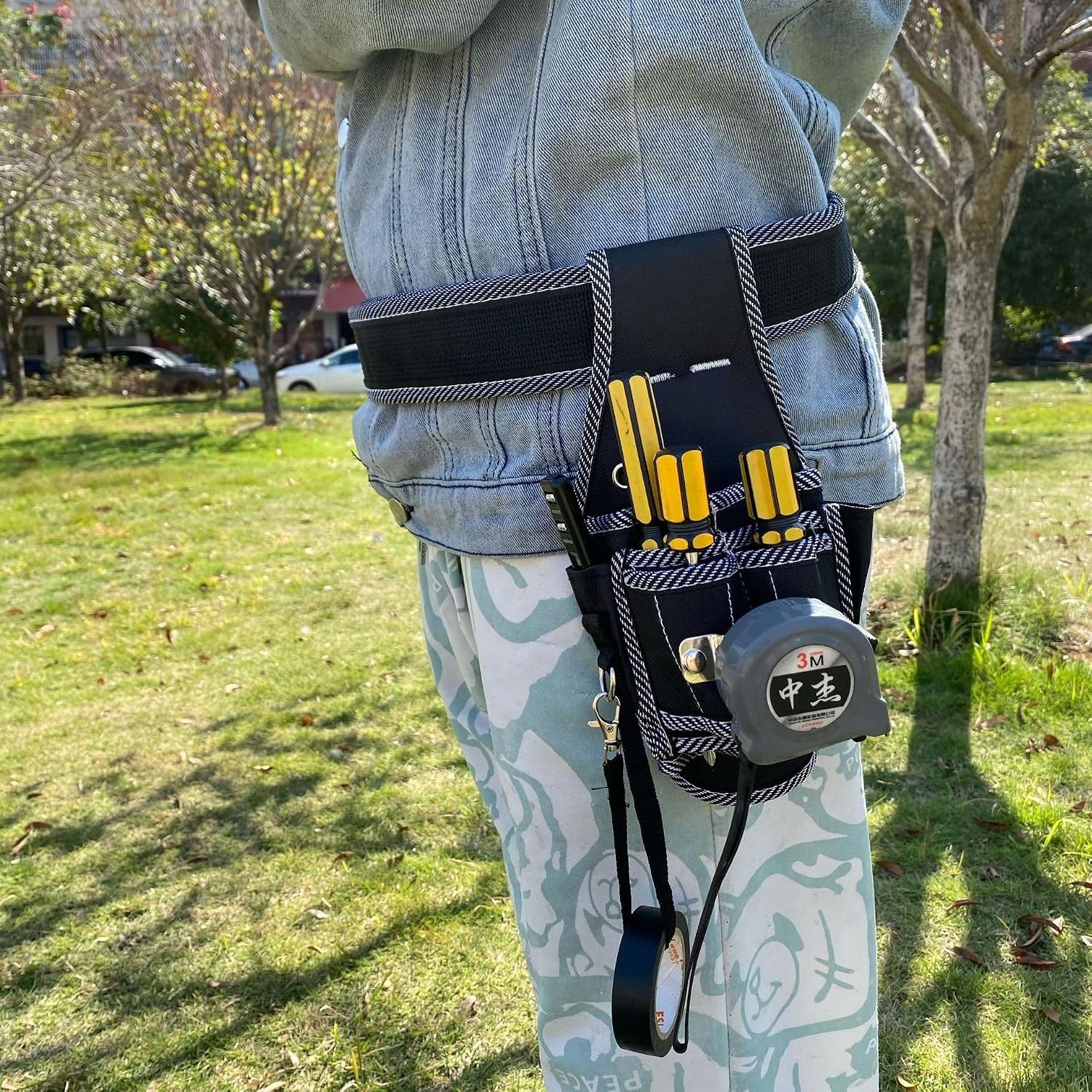 Small Tool Belt Pouch with Tape Measure Holder 5 Pocket Utility Bag Black
