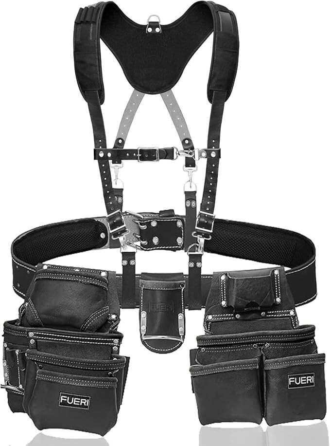 FUERI Leather Tool Belt Suspenders Set for Men Heavy Duty Construction Carpenter