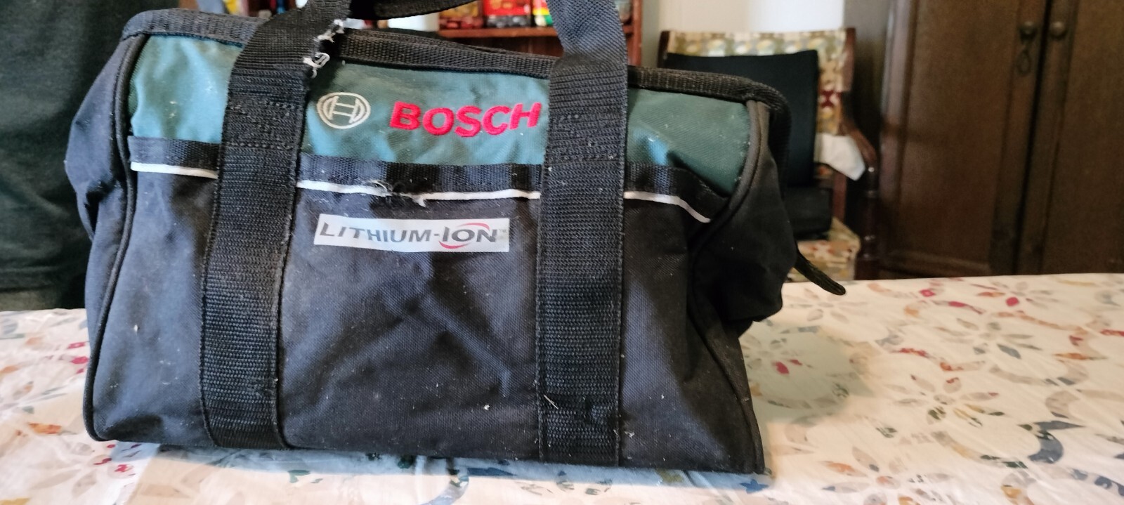 Assorted household items with tool bag.