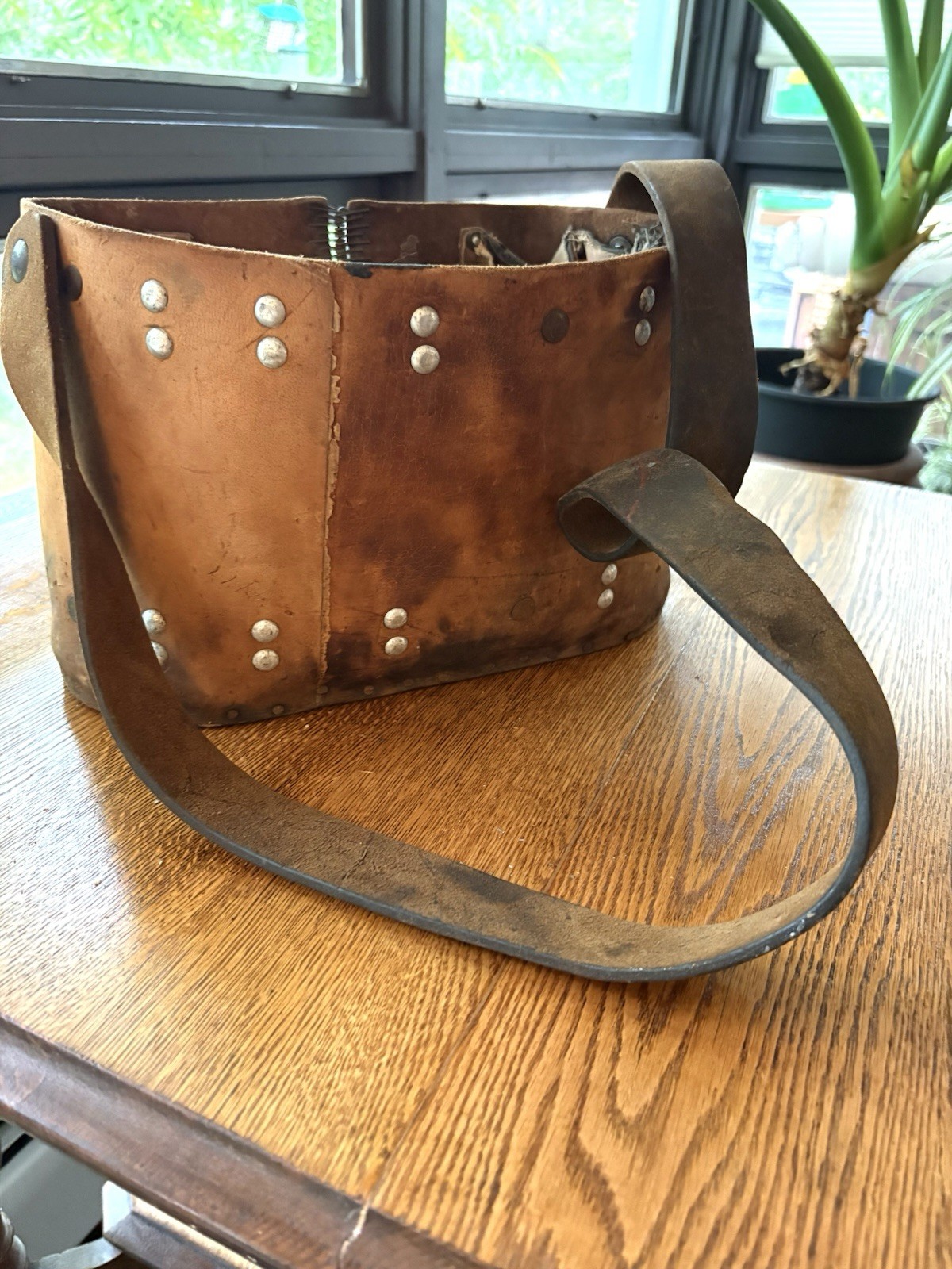 Early 20th century industrial riveted & stitched mechanic Leather Wood tool bag