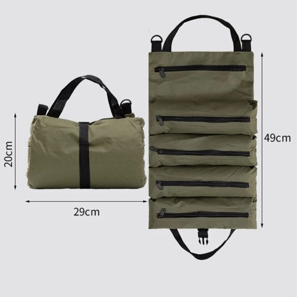 Portable Tool Roll Bag Oxford Multi Pocket Organizer Zipper Black Green