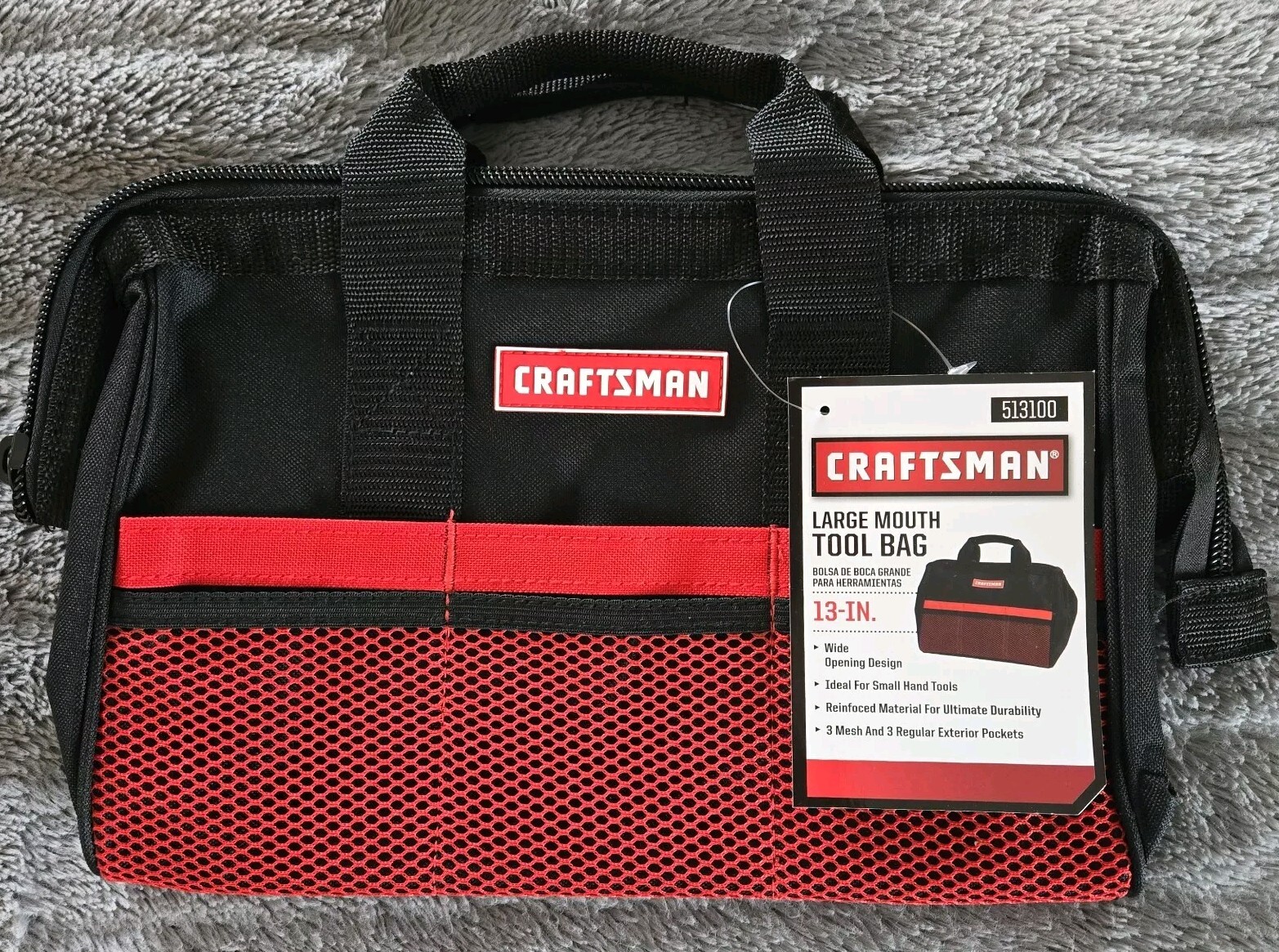 CRAFTSMAN Tool Bag 13″ Large Mouth Canvas with Black/Red Handles & Pockets (NEW)