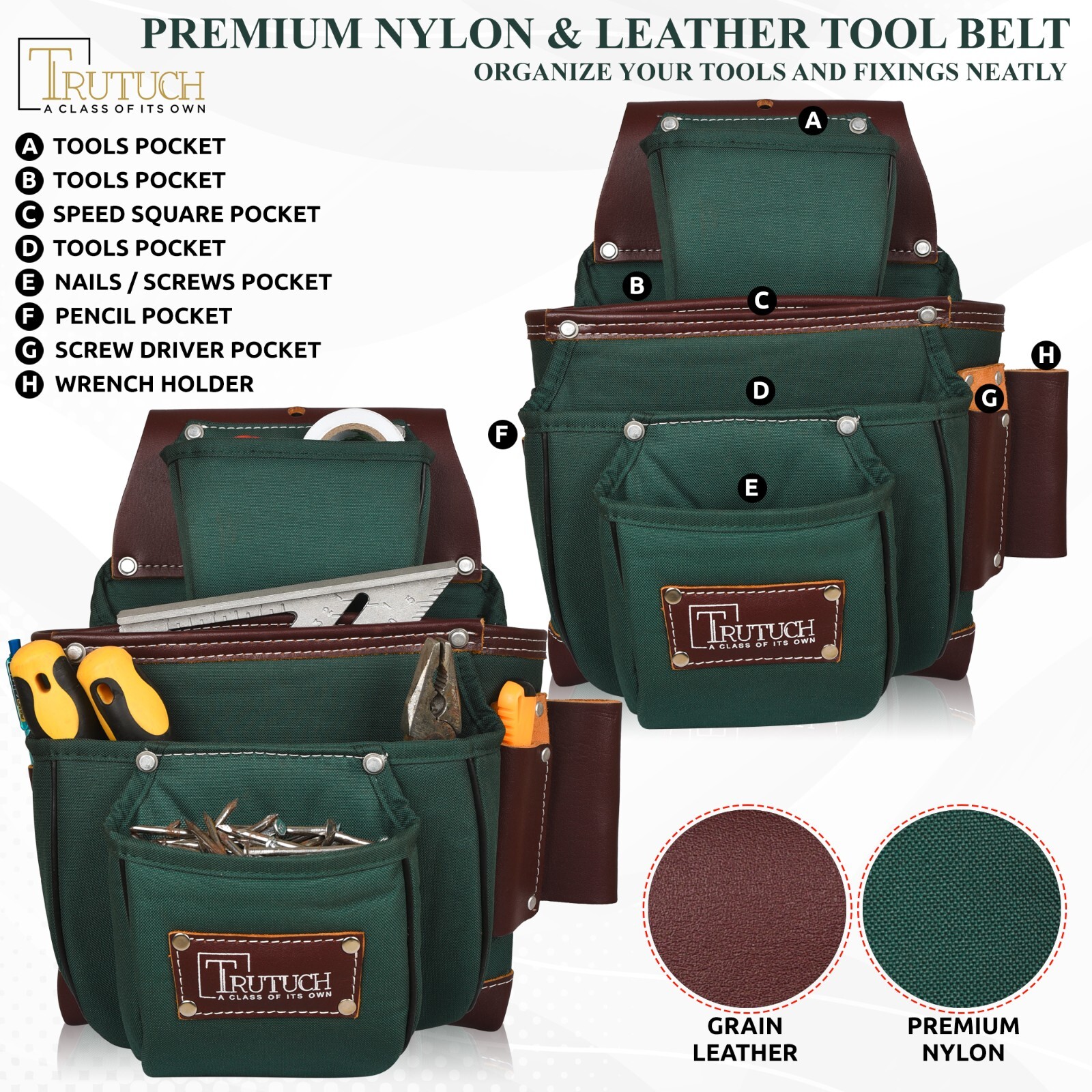 Trutuch Green Nylon & Leather Tool Belt with Nylon Work Suspender | Tool Belts
