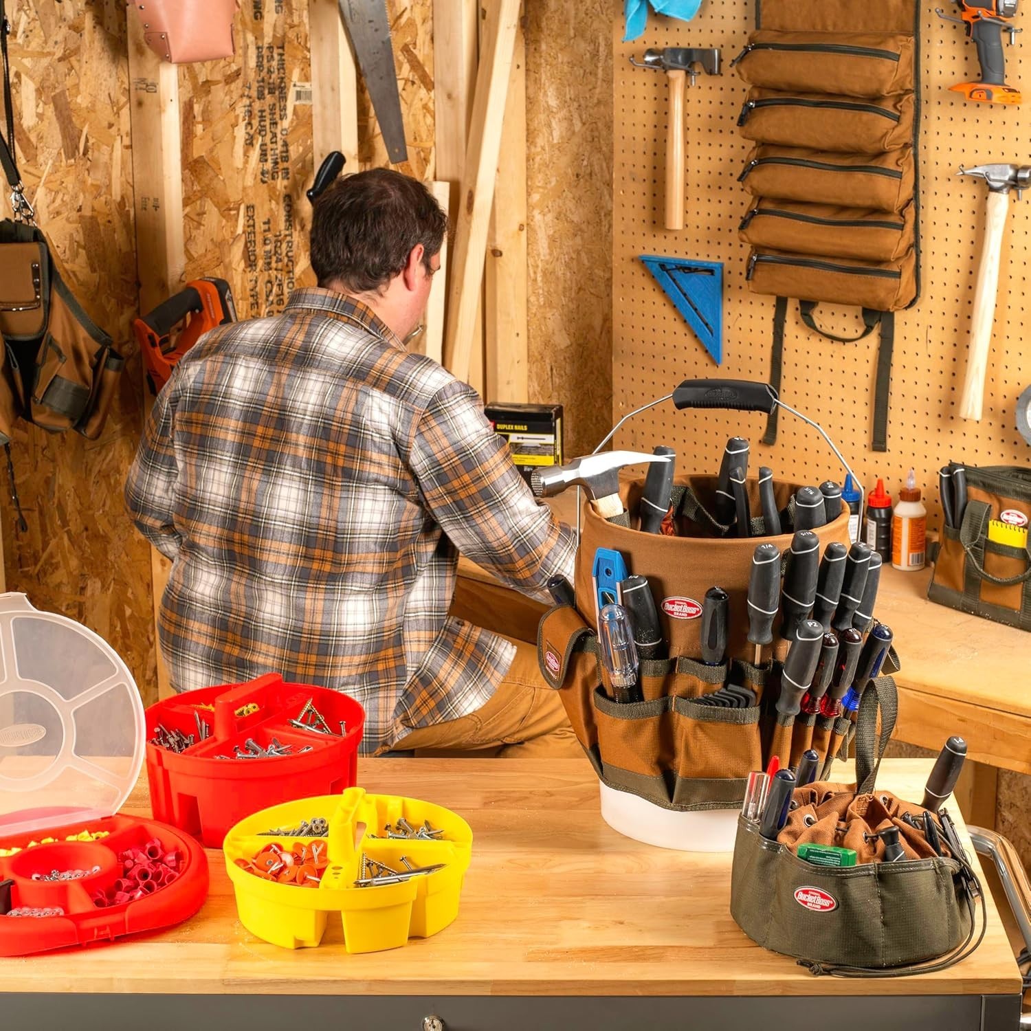 Round Portable Tool Organizer in Brown with 33 Compartments Fits 5 Gallon Bucket