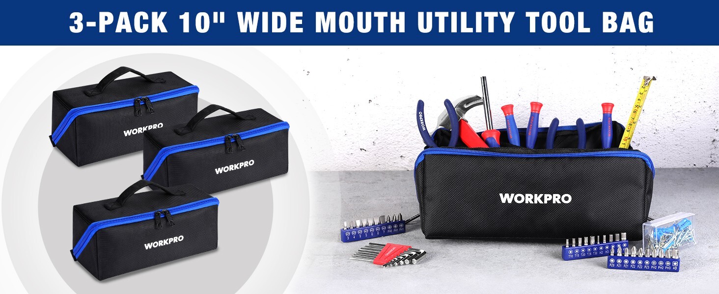 WORKPRO 10″ Wide Mouth Utility Tool bag with Zipper 3-pack Multipurpose NEW