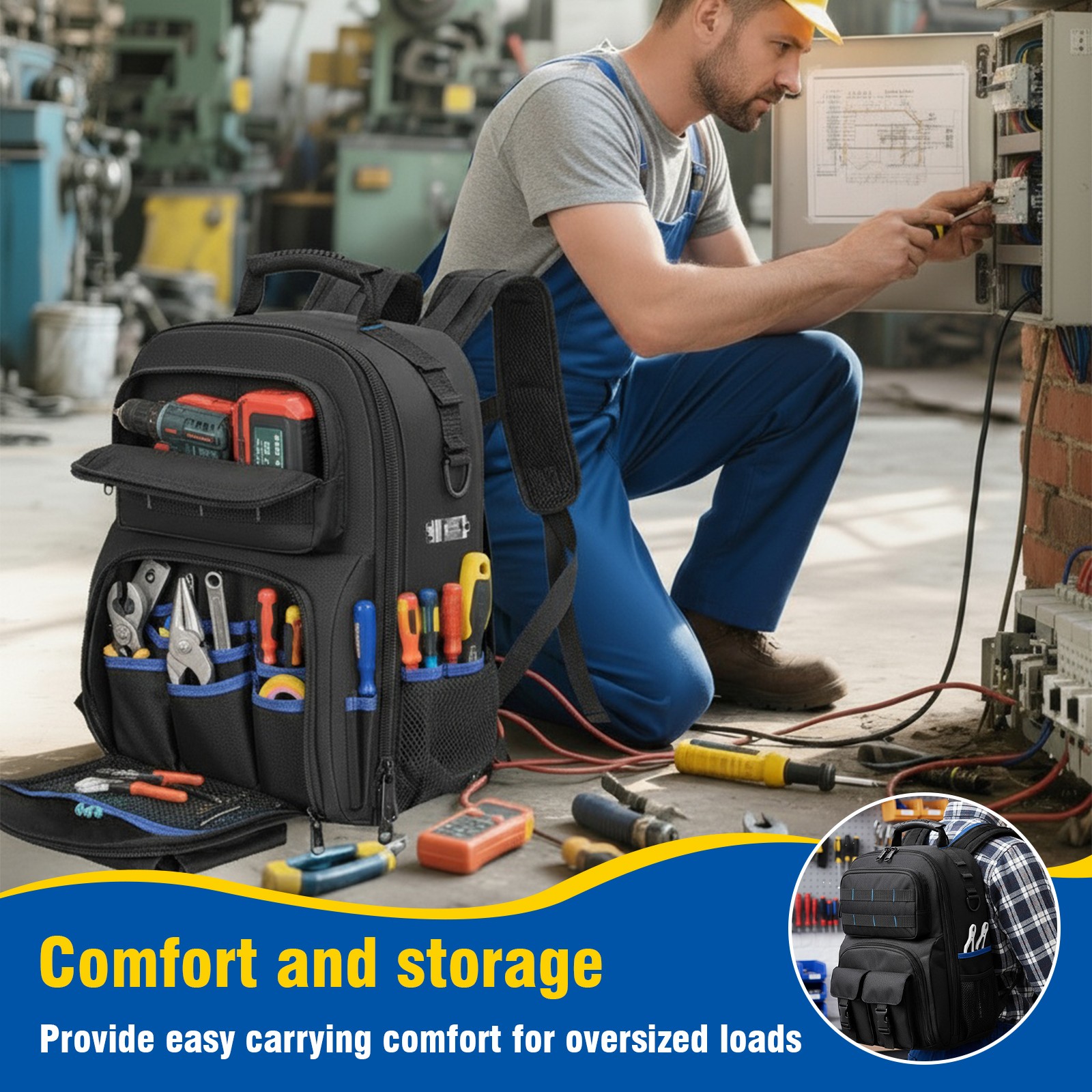 Heavy Duty Tool Backpack for Men Electrician HVAC Construction Bag w/ 59 Pockets