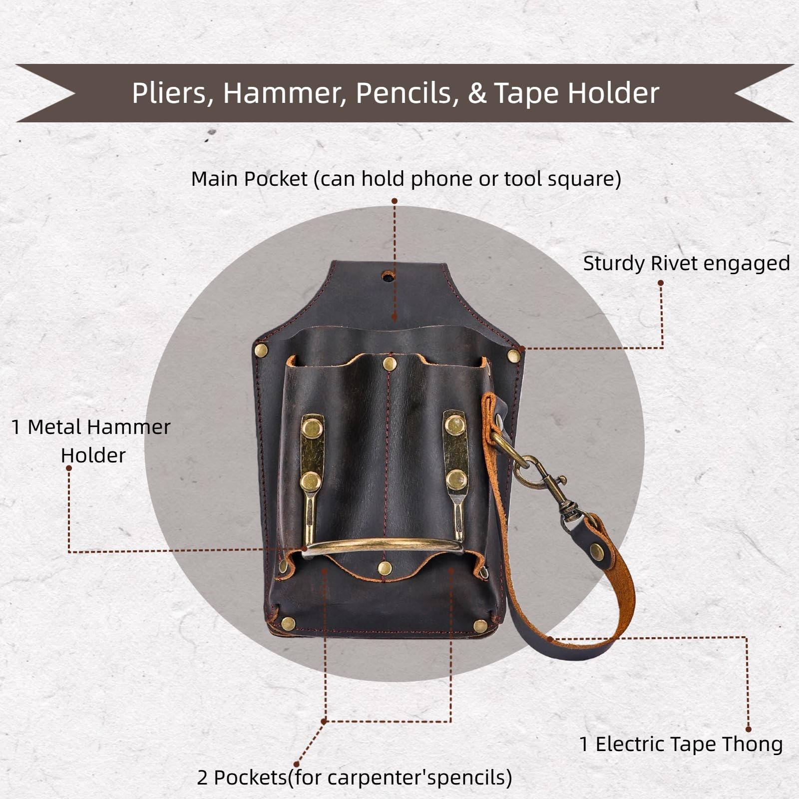 Tourbon Leather Tool Pouch Electrician Holster Tape Thong 2.7 Inch Brown