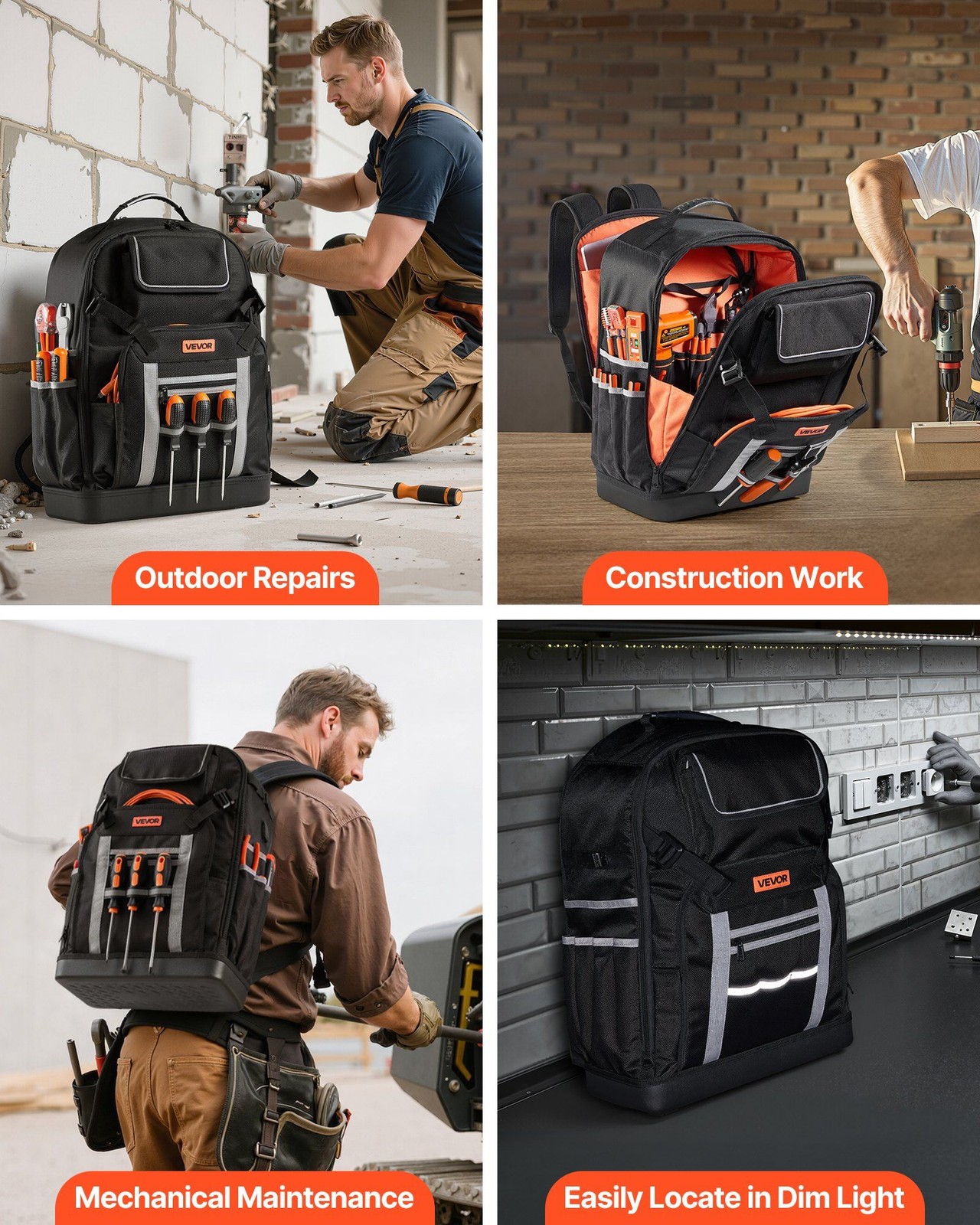 Jobsite Tool Backpack 56 Pockets Splash-resistant for Electricians & Techs