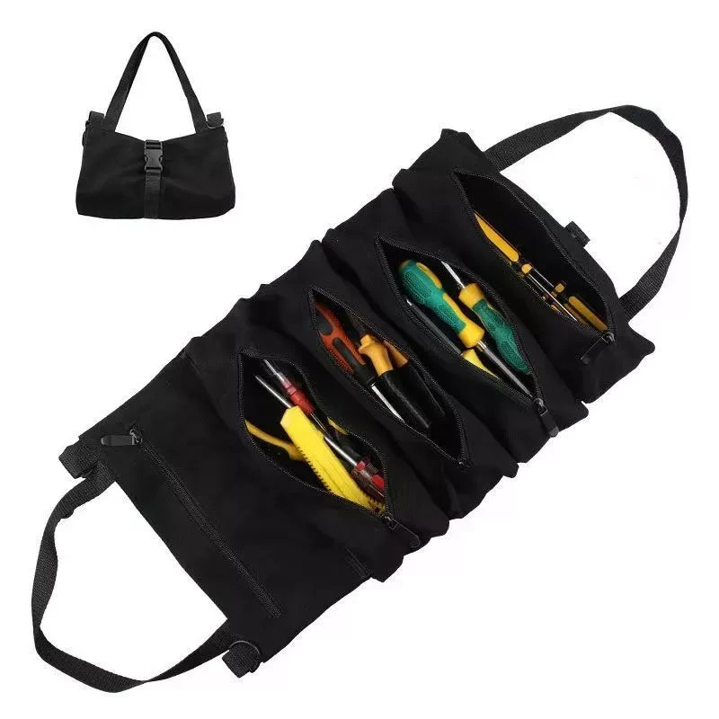 Portable Tool Roll Bag Oxford Multi Pocket Organizer Zipper Black Green